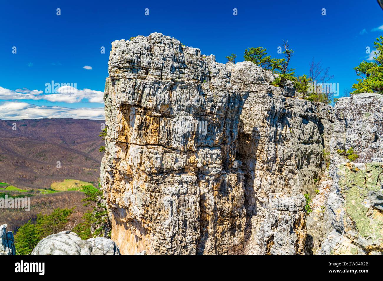 La vetta rocciosa di una montagna con alberi verdi in cima ad essa nel West Virginia Foto Stock