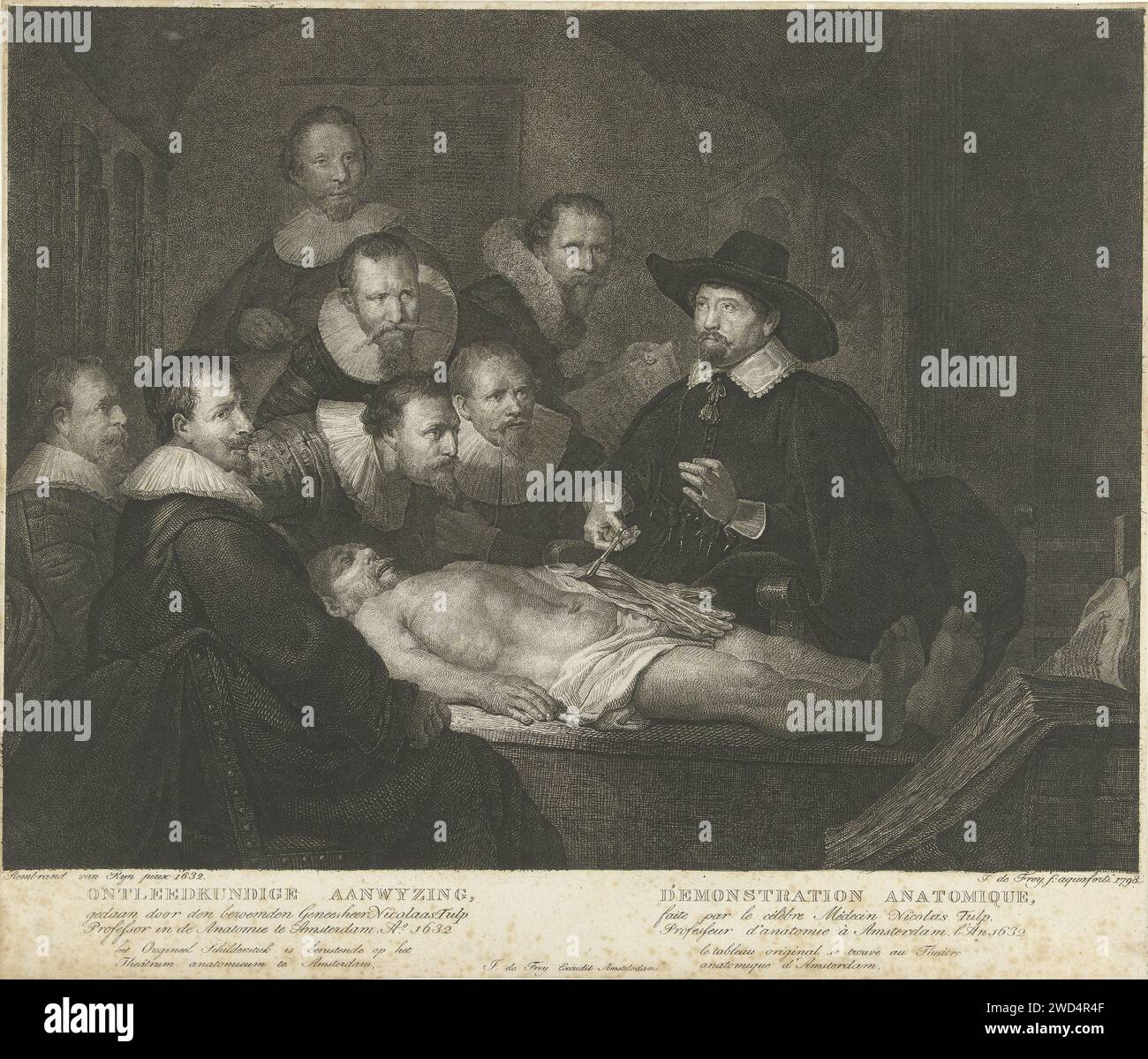 La lezione anatomica di Nicolaes Tulp, Johannes Pieter de Frey, dopo Rembrandt van Rijn, 1798 stampa Ritratto di gruppo dei chirurghi di Amsterdam in una lezione anatomica. Gli uomini si siedono e si stendono intorno a un tavolo su cui giace un cadavere. Insegna il dottor Nicolaes Tulp. Ha aperto il braccio del cadavere e tiene un fascio di muscoli del braccio con un paio di centesimi, mentre fa un gesto dimostrativo con l'altra mano. Accanto a Nicolaes Tulp, i chirurghi Jacob Blok, Hartman Hartmansz., Adraen Slabran, Jacob de Witt, Mathijs Kalkoen, Jacob Koolvelt e Frans van Loenen sono raffigurati. Didascalia in olandese e. Foto Stock