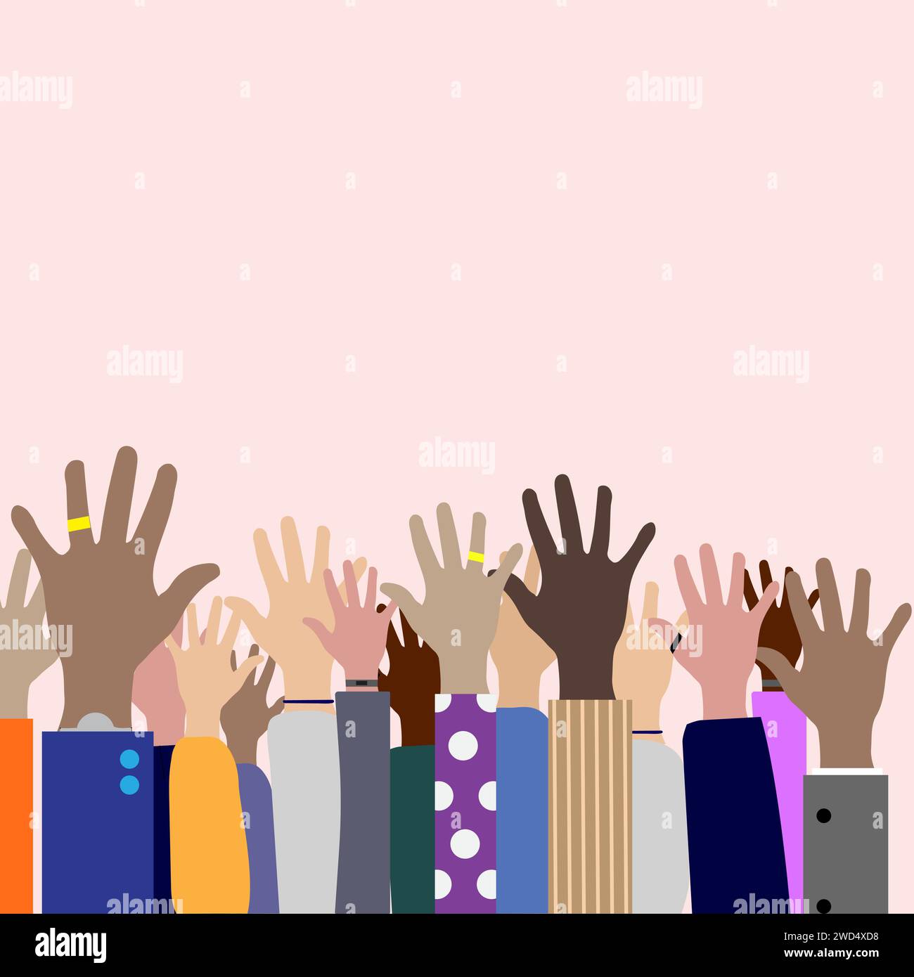 Gruppo di persone multietniche che alzano la mano in accordo, concetto comunitario o di unità Illustrazione Vettoriale