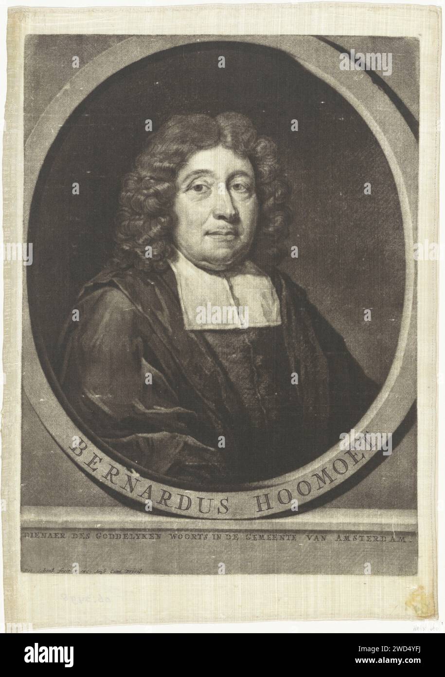Ritratto di Bernardus Homoet, Pieter Schenk (i), 1670 - 1713 stampa Bernardus Homoet, pastore di Amsterdam. Incisione in seta di Amsterdam Foto Stock