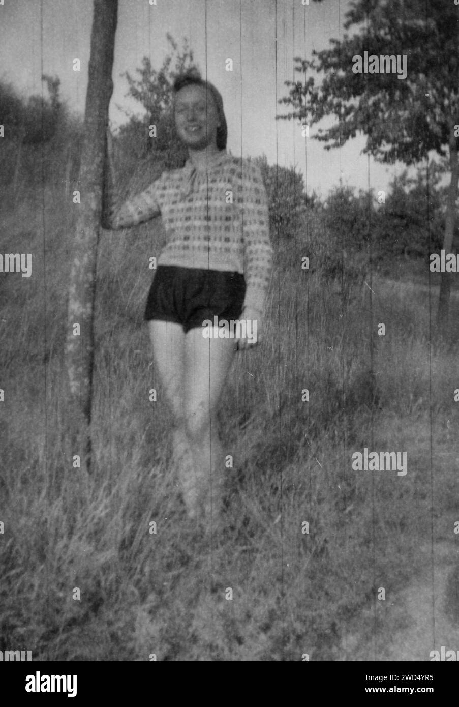 Una foto antica mostra una giovane donna caucasica in una camicetta a maglia e pantaloncini che posa sul prato. Germania. Data sconosciuta, circa 1950 sec. Foto Stock