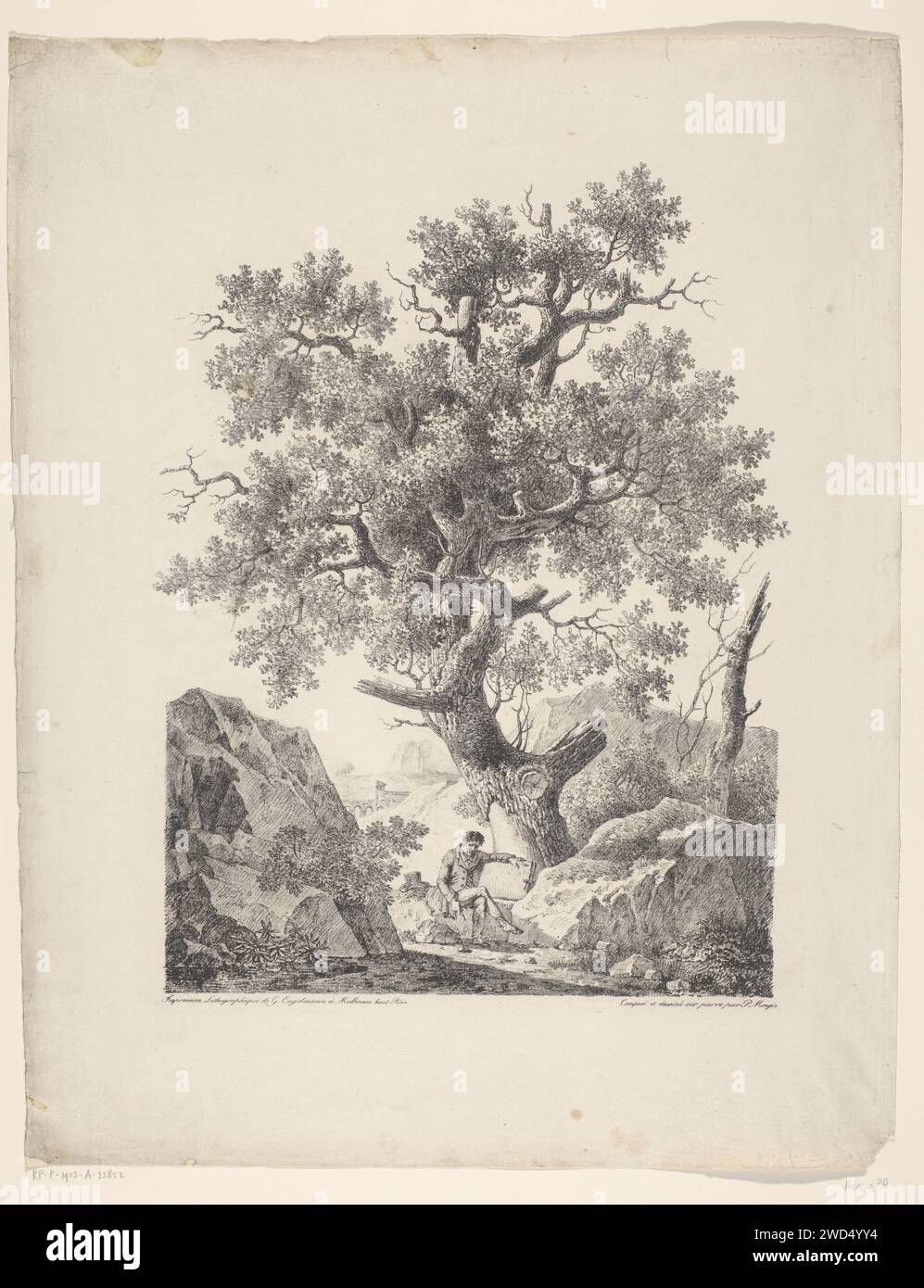 Artista seduto sotto una quercia, Pierre Antoine Mongin, 1815 - 1823 stampa Mulhouse paper Trees: oak. paesaggi. artista (in generale) (+ artista al lavoro) Foto Stock