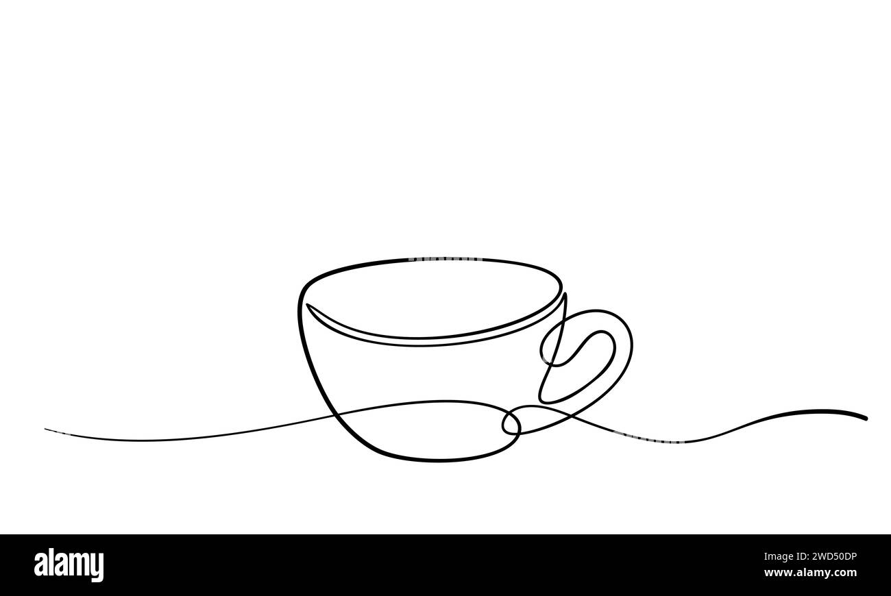 Tazza da tè o caffè con disegno continuo a una linea, illustrazione lineare minimalista Drinkware vettoriale realizzata in linea singola sottile, elemento di design isolato Illustrazione Vettoriale