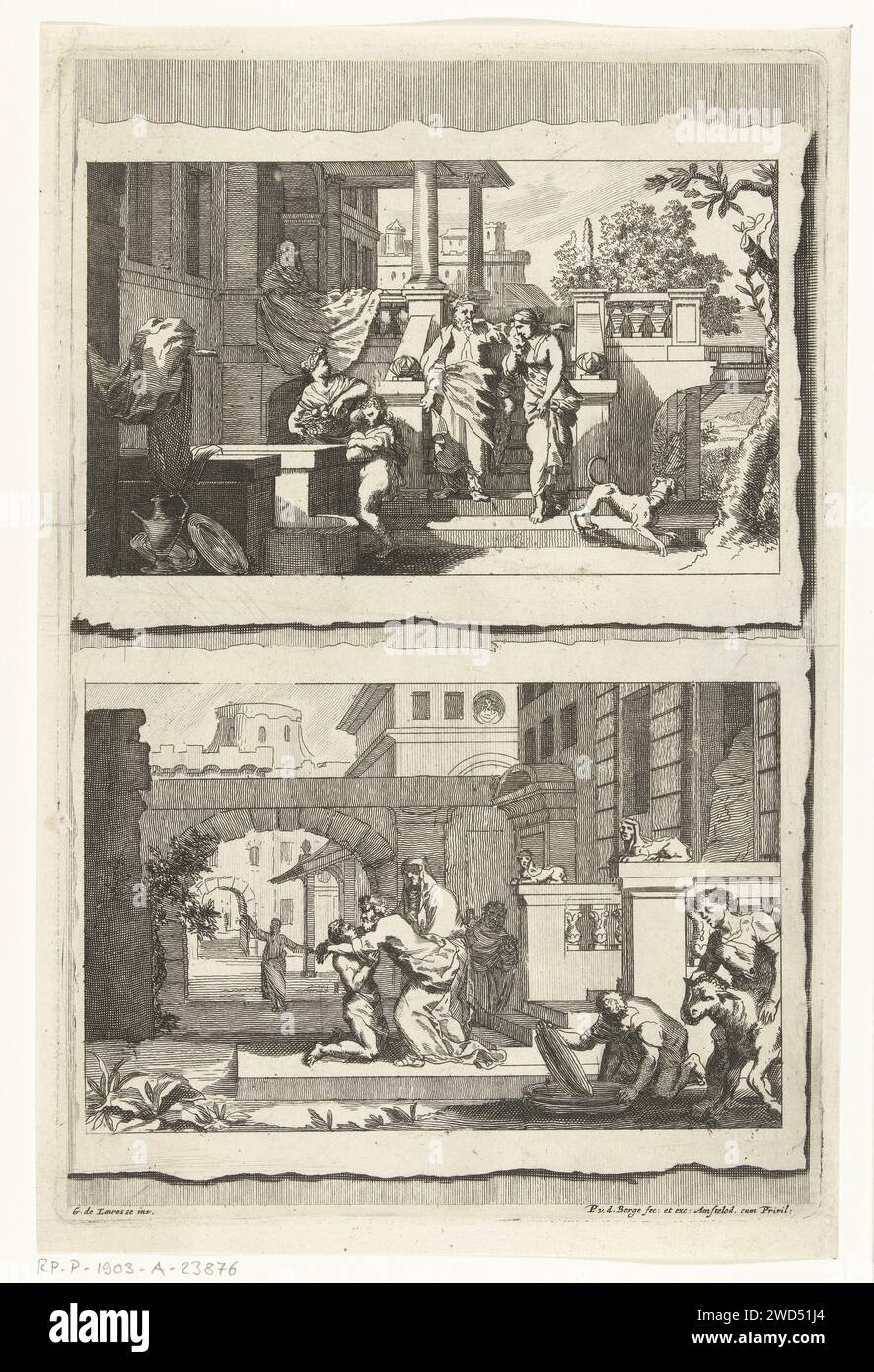 Scambio di Hagar e Ismaël e il ritorno del figlio perduto, Pieter van den Berge, dopo Gerard de Lairesse, 1694 - 1737 stampa Una stampa con due esibizioni l'una tra l'altra. Sopra l'espulsione di Hagar e di suo figlio Ismael. Abramo manda via Agar, una cameriera dà cibo a Ismaele. All'ingresso della casa c'è Sara, la seconda moglie di Abraham, e guarda la scena. Sotto il ritorno del figlio perduto. Il figlio perduto si inginocchia per suo padre che lo riceve. I figli più grandi sono al lavoro sulla destra in primo piano. Incisione della carta di Amsterdam la parabola del figlio prodigo (Luca 15:11-32). Abraham prov Foto Stock