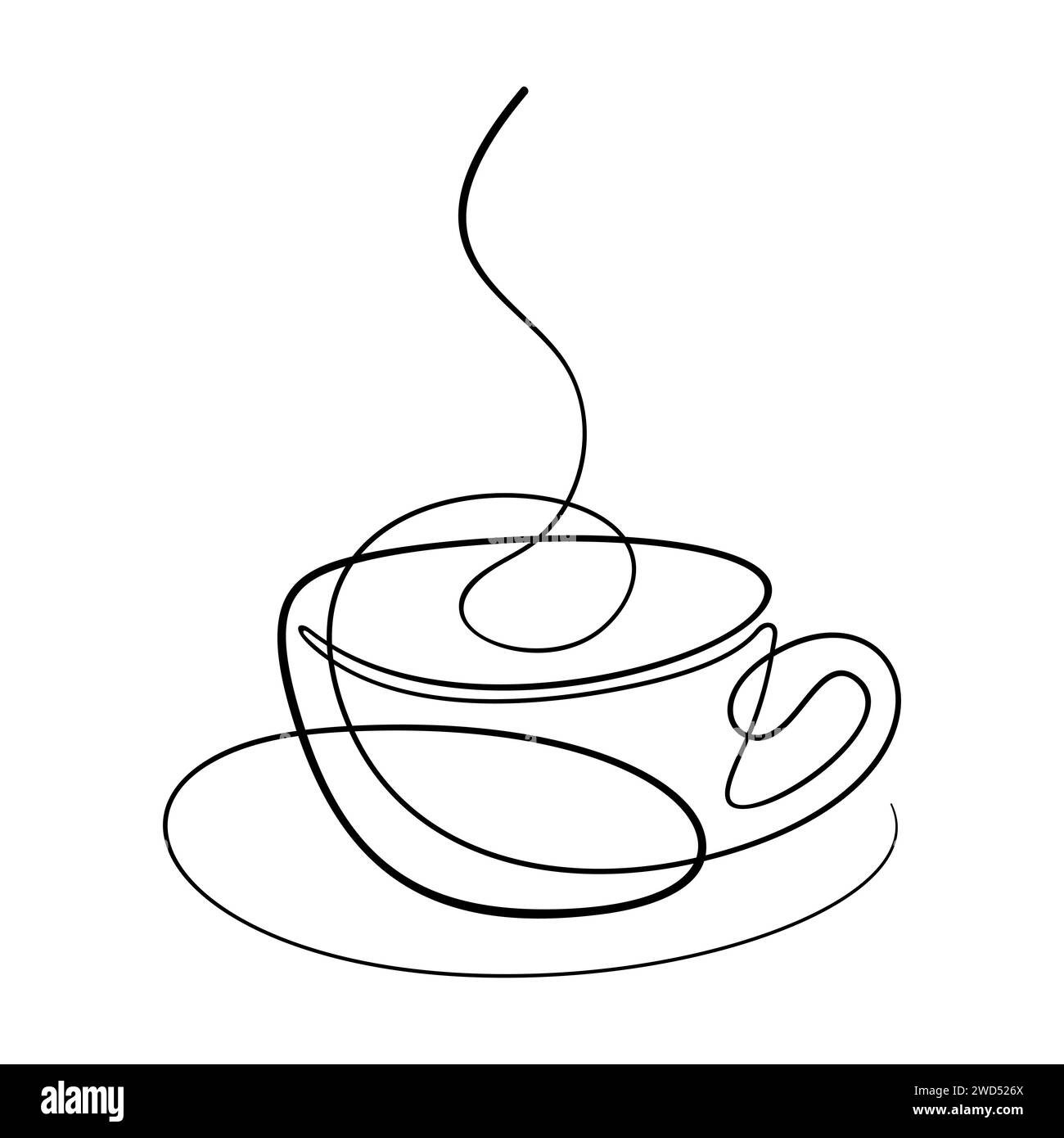 Tazza di caffè su piattino disegno continuo a una linea isolato, bevanda calda con vapore Vector illustrazione lineare minimalista realizzata con linea singola sottile arrotondata Illustrazione Vettoriale