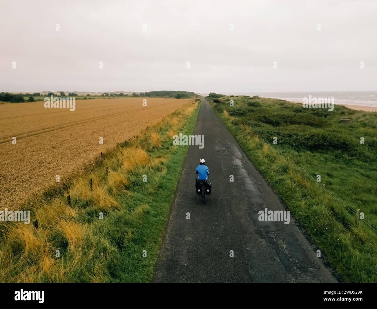 Foto aerea di una ciclista donna che attraversa campi in Inghilterra. Foto di alta qualità Foto Stock