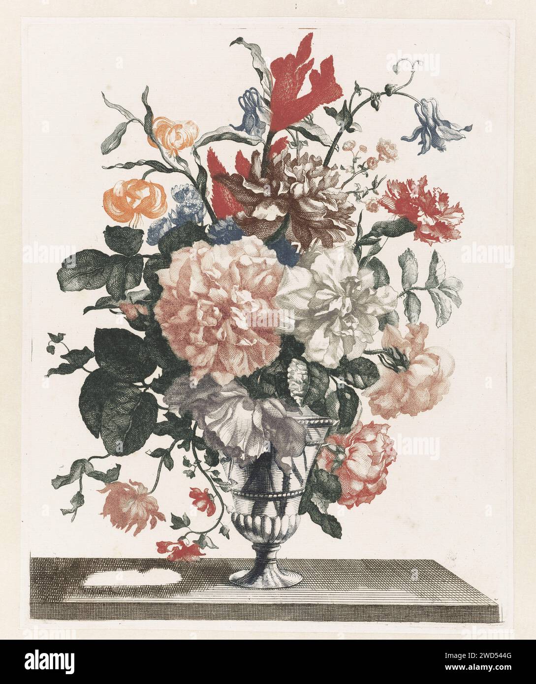 Cinque stampe di fiori in vasi di vetro, anonimo, dopo Jean Baptiste Monnoyer, 1688 - 1698 stampa olandese incisione / incisione di fiori in un vaso Foto Stock