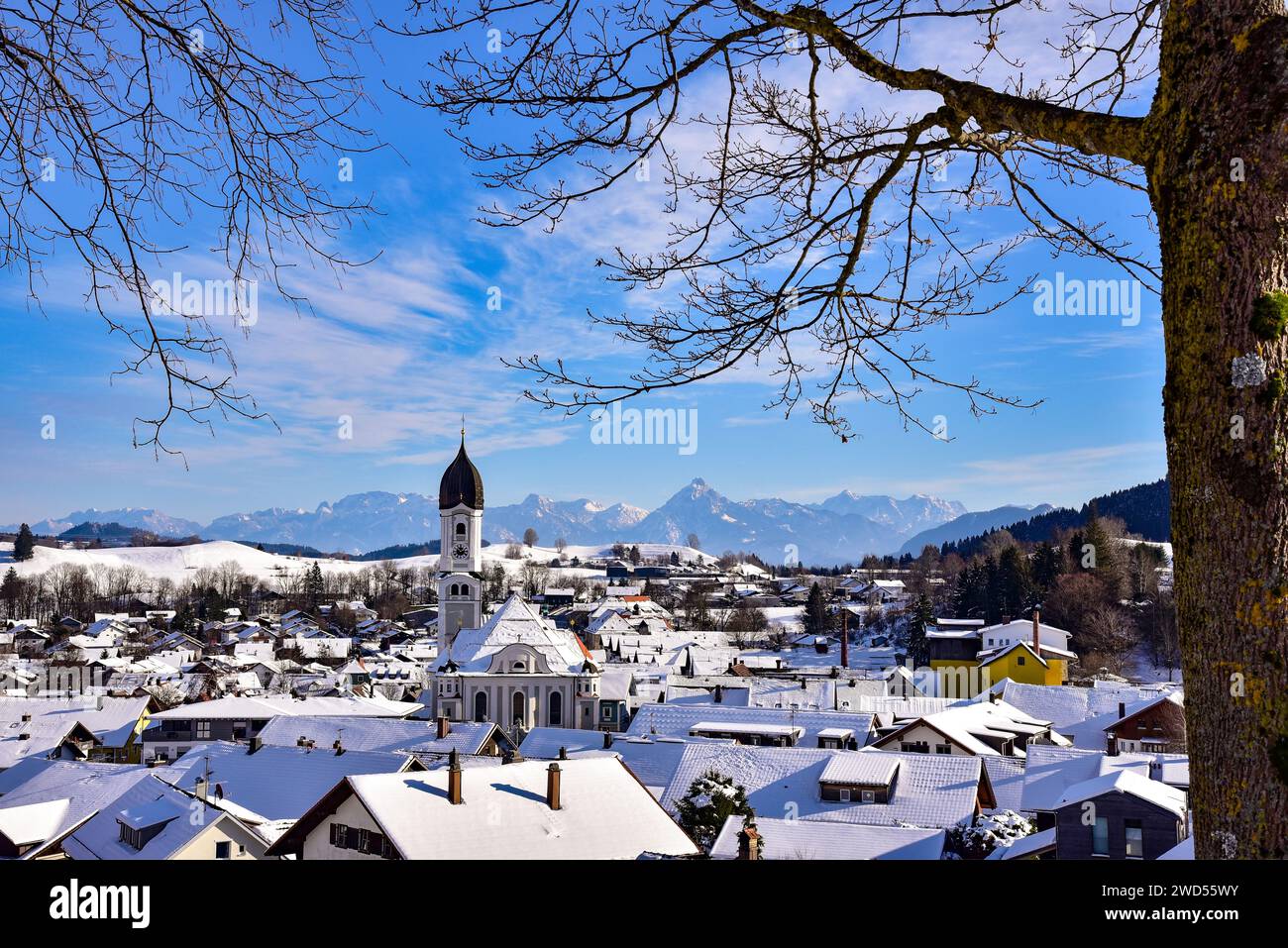 Vista della comunità Allgäu di Nesselwang con la chiesa di St La chiesa di Andreas, sullo sfondo i monti Allgäu con il Säuling (a metà destra) e la Z Foto Stock