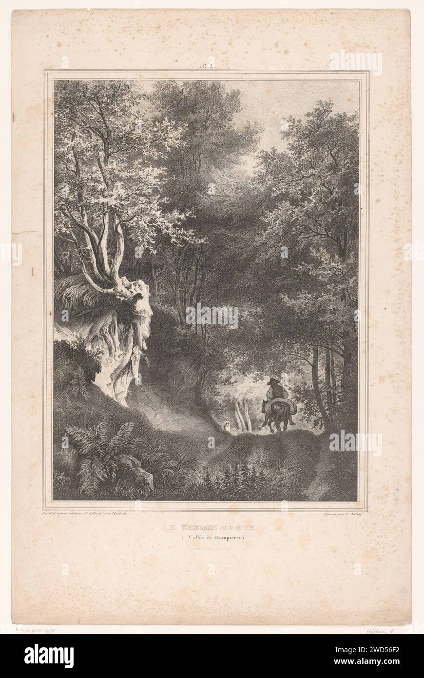 Viaggiatore su una strada forestale nella Valle di Dampierre, Edouard Hostein, c. 1832 stampa Paris paper "in viaggio", viaggiatore in corso. Sentiero forestale o corsia Yvelines Foto Stock