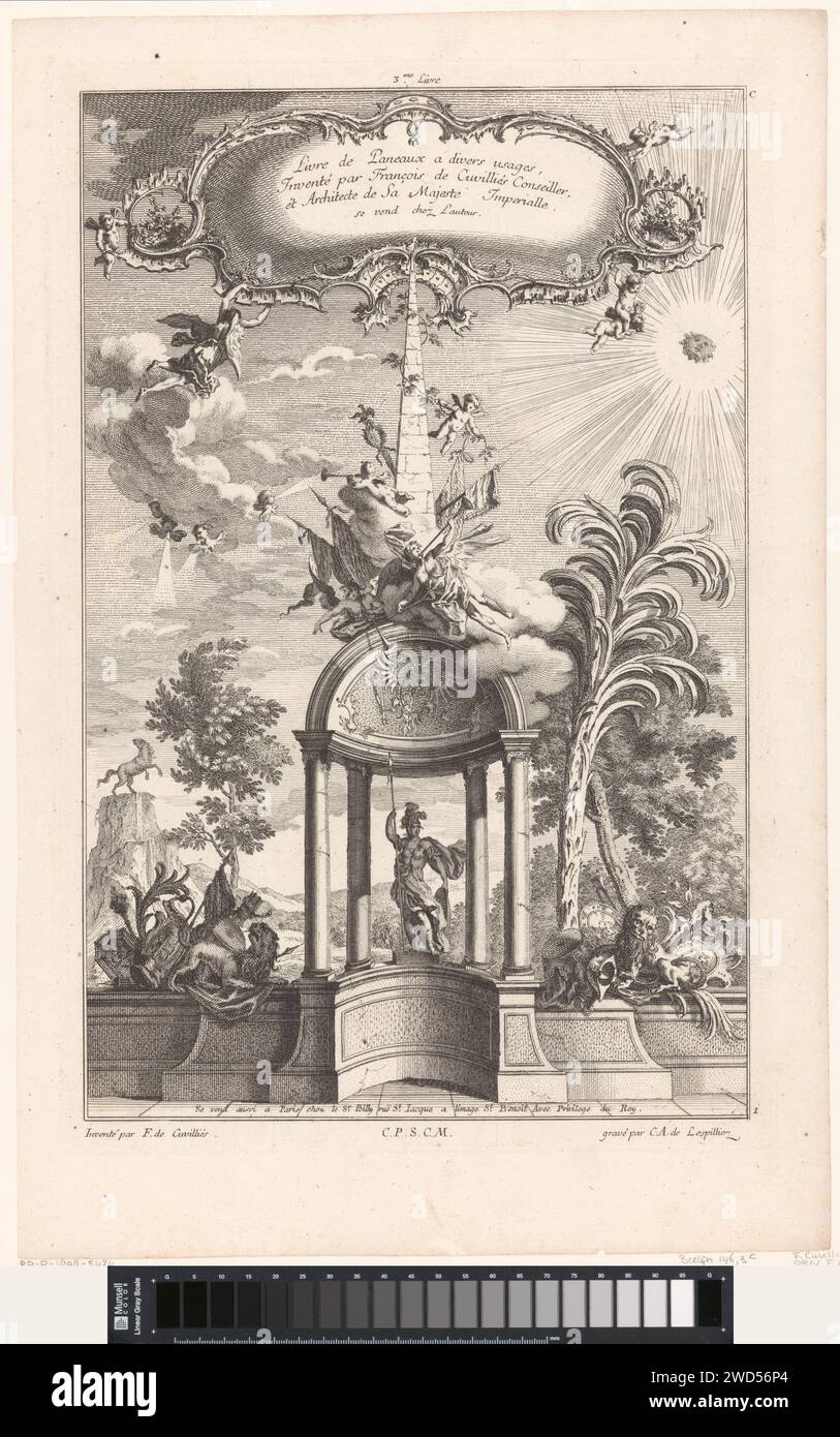Halve Koepel in Obelisk, Carl Albert von Lespilliez, dopo Francesco di Cuvilliés (Sr.), 1745 stampa sotto mezza cupola è una statua di un uomo in piedi in armatura, su entrambi i lati leoni e armi. Sopra la cupola un obelisco circondato da angeli e putti ciecamente sulle trombe. In alto una cornice a rocaille con il titolo della serie, tenuta da un angelo e putti. Dopo il progetto di: Carta GermanyParis incisa altri dettagli architettonici (CUPOLA). figura in piedi. armatura. armi. angeli. cupidi: 'amores', 'amoretti', 'putti' Foto Stock