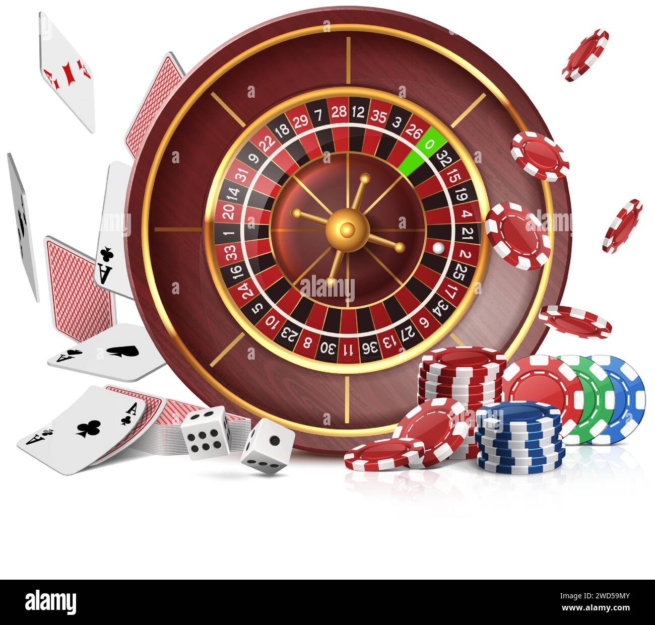 Ruota della roulette del casinò con carte volanti, chip da poker e dadi. Isolato su bianco . Illustrazione Vettoriale