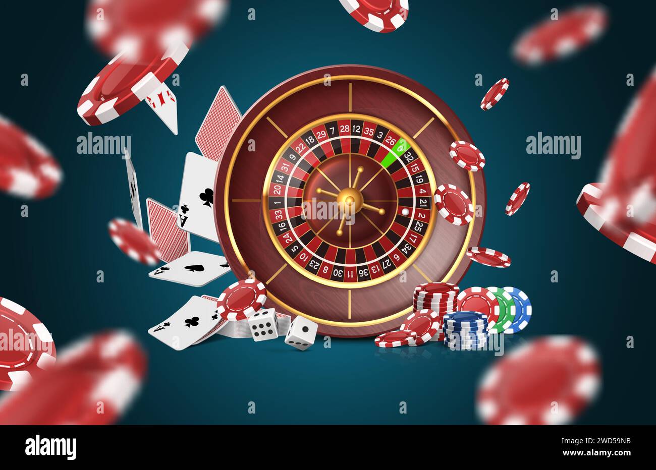Ruota della roulette con carte volanti, chip da poker e dadi. Banner Poker. Casinò . Illustrazione Vettoriale