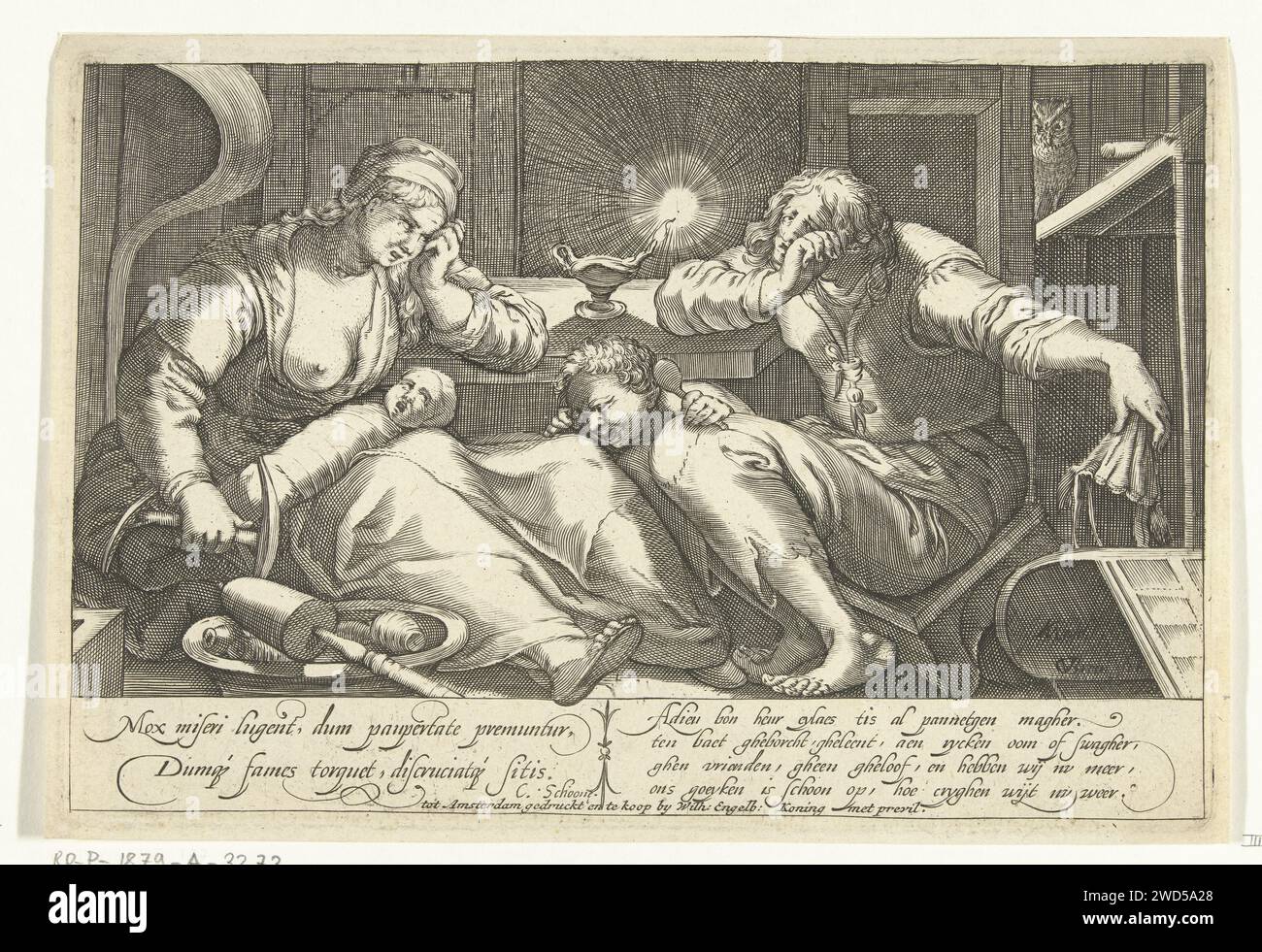 Conseguenze degli sprechi nel matrimonio, Gillis van Breen, dopo Karel van Mander (i), 1700 - 1720 stampa Un uomo e una donna con due figli sono seduti in una stanza povera illuminata solo da una lampada a olio. I bambini piangono e anche i genitori cancellano le lacrime dai loro volti. L'uomo tiene la sua borsa vuota come segno che i soldi sono esauriti. Lo spettacolo mostra, come spiega il verso, che è il risultato di una vita stravagante "Pannetgen Magher". Stampatore: Haarlemafter design di: Haarlempublisher: Amsterdam paper Engraving the Rich Foto Stock