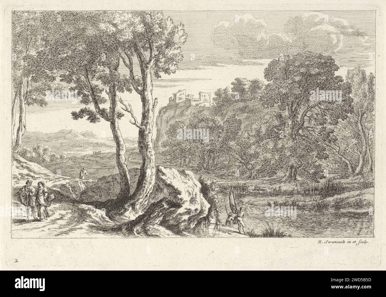 Paesaggio con Vissers, Claude Goyrand, dopo Herman van Swanevelt, stampa 1633 - 1712 ci sono due pescatori sulle rive di un fiume. Alcuni personaggi camminano lungo il sentiero lungo il fiume e sulla destra in lontananza un edificio è su roccia. angolo di incisione della carta. "in viaggio", viaggiatore in corso. foce del fiume, estuario. (alta) salita. rocce. alloggi rurali, ad esempio casa di campagna, villa, cottage Foto Stock
