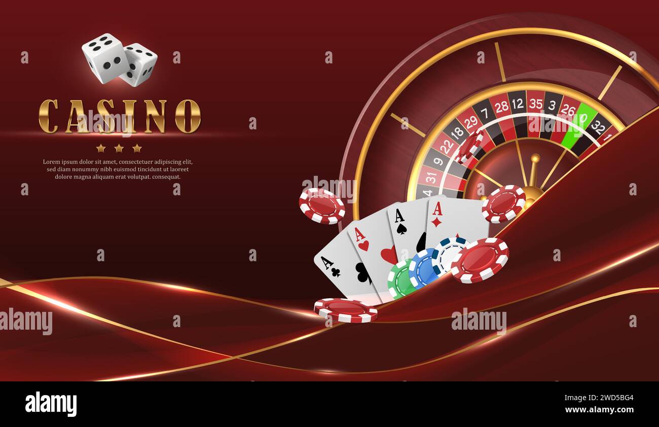 sfondo di lusso rosso casinò con roulette, carte volanti e chip da poker. Illustrazione Vettoriale