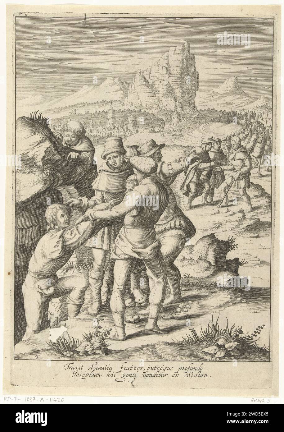 Jozef viene venduto a mercanti di passaggio, Robert de Baudous, 1591 - 1659 stampa i fratelli prendono Jozef dal pozzo e lo vendono a mercanti di passaggio che lo portano in Egitto. L'incisione di carta dei Paesi Bassi del Nord Joseph viene estratta dalla fossa. Joseph viene venduto per venti pezzi d'argento Foto Stock