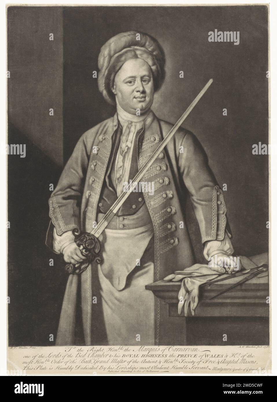 Ritratto di un uomo, forse James Brydges, Alexander van Haecken, dopo Adam Frans van der Meulen, nel 1738 stampa un uomo con una spada massonica in mano e un cappello di pelliccia sulla testa. Lascia riposare la mano su un tavolo, su cui giacciono guanti e passante. La persona ritratta potrebbe essere James Brydges, duca di Chandos. Carta londinese incisione varie religioni, culti e dottrine: Massoneria. copricapo: berretto (+ abiti da uomo). copricapo: berretto (+ pelliccia utilizzata per i vestiti) Foto Stock