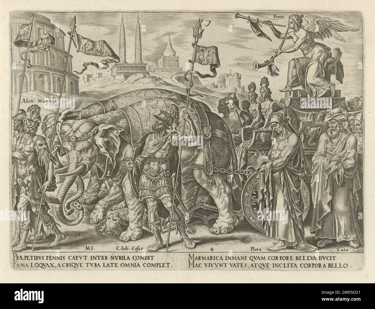 Trionfo della fama, Philips Galle, dopo Maarten van Heemskerck, c. 1565 stampa la fama alata (fama) soffia sulle sue due trombe. Ad esempio, proclamò la fama dei signori di campo e dei filosofi del passato. Alessandro Magno, Giulio Cesare, Catone e Platone corrono nella sua processione. Le ruote della sua auto sono decorate con lingue, orecchie e occhi per diffondere la fama. Faam supera la morte; è miseramente schiacciato sotto le gambe degli elefanti. Ci sono due obelischi sullo sfondo, monumenti che sono stati istituiti in onore di persone famose. La stampa ha una didascalia latina e fa parte del Foto Stock