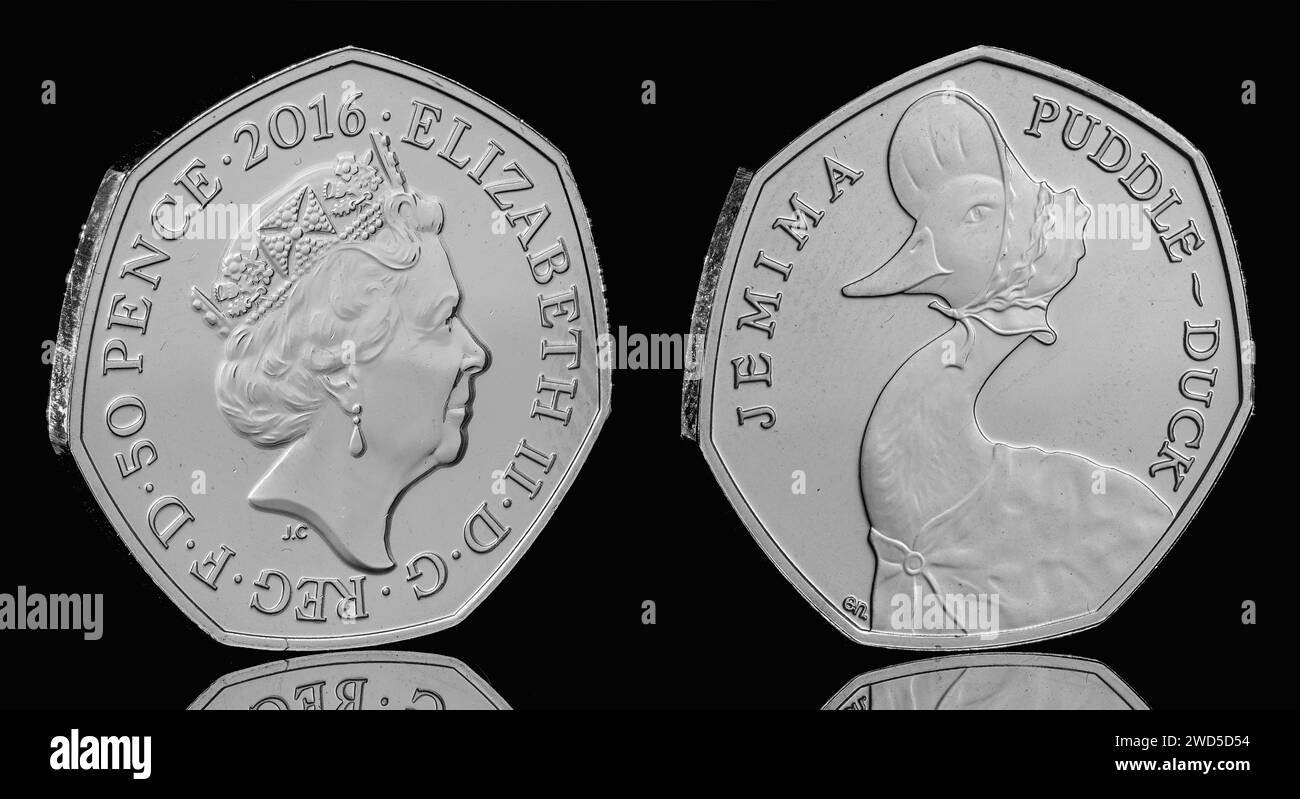 Moneta da 50 pence con Jemima Puddleduck di Beatrix Potter. Il dritto mostra il quinto ritratto della moneta di Jody Clark Foto Stock