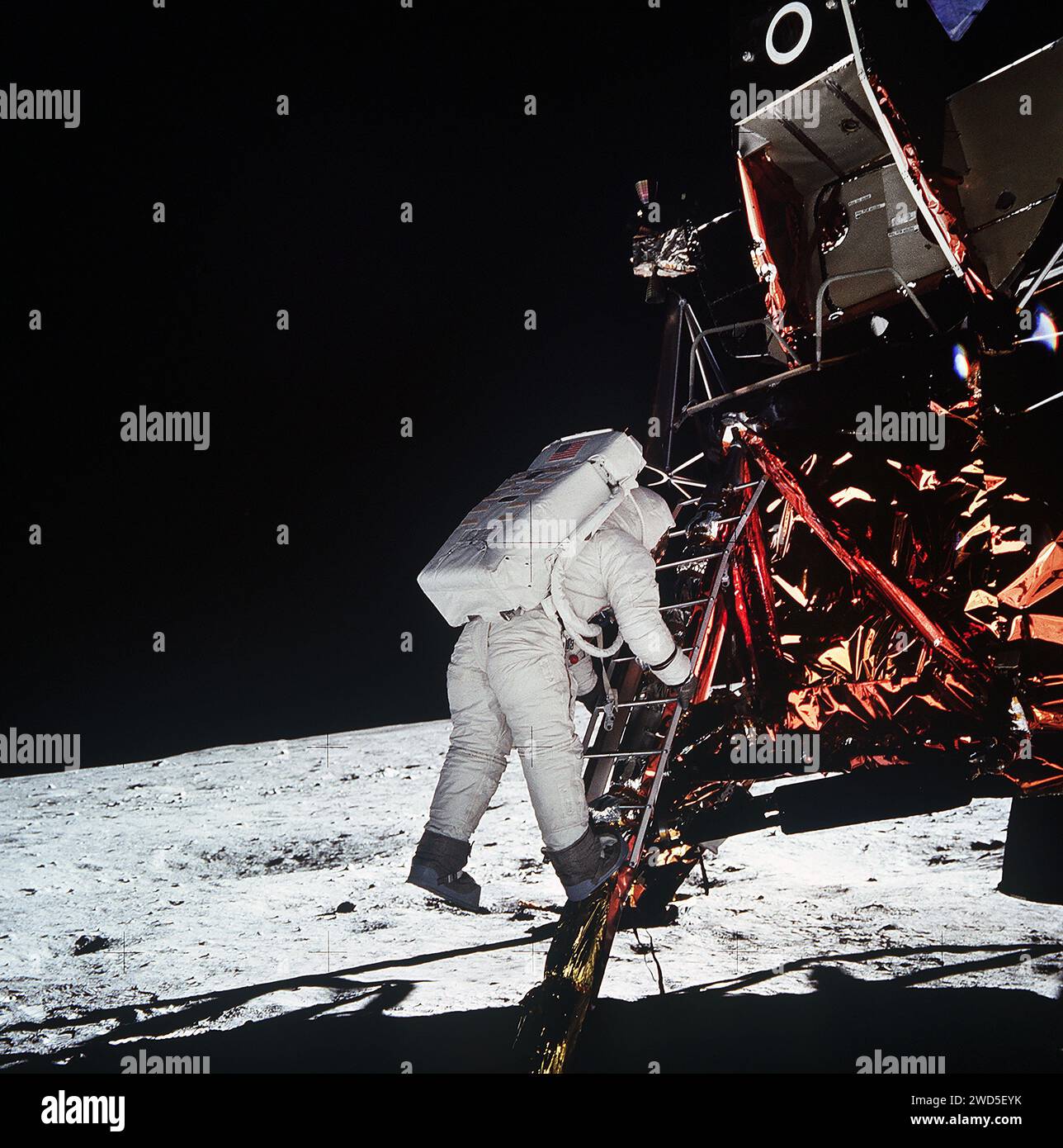 Astronauta americano Edwin E. Aldrin Jr., pilota modulo lunare, scalini discendenti della scala modulo lunare mentre si prepara a camminare sulla luna durante l'attività extraveicolare Apollo 11, fotografia di Neil Armstrong, Johnson Space Center, NASA , 20 luglio 1969 Foto Stock