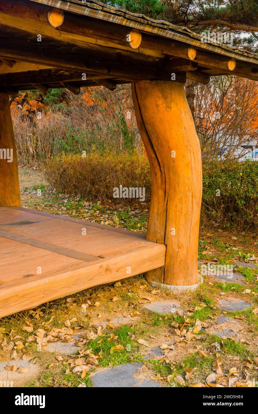 Colonna di supporto angolare in legno coperto per picnic nel parco pubblico a bordo strada, Corea del Sud, Corea del Sud, Corea del Sud Foto Stock