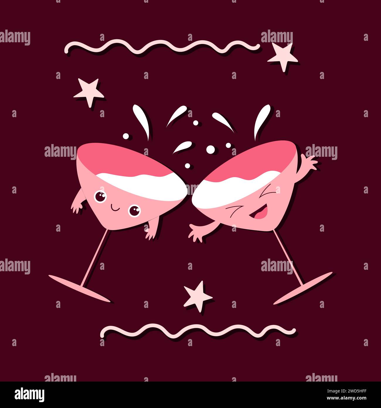 Biglietto d'auguri disegnato a mano con graziosi bicchieri sorridenti. Concetto di celebrazione vettoriale. Illustrazione Vettoriale