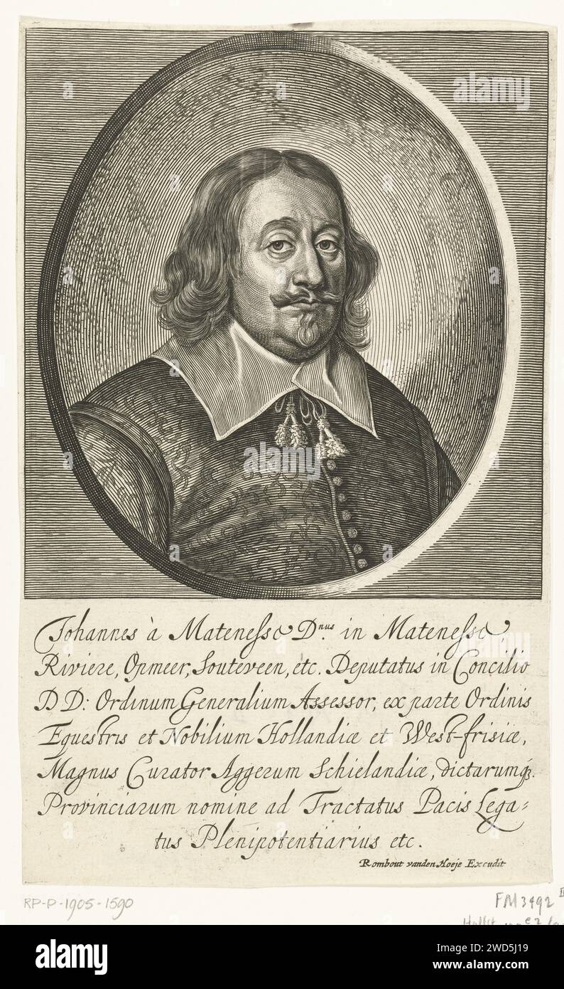 Ritratto Johan van Mathenesse, Pieter de Bailliu (i), dopo Pieter Holsteyn (II), 1623 - 1660 incisione su carta stampata Foto Stock