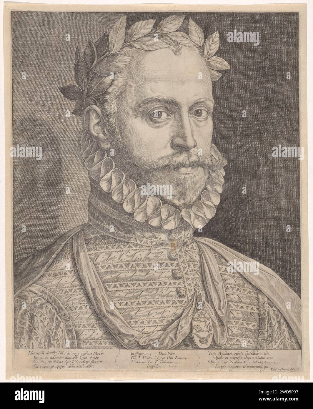 Ritratto del poeta Jan Baptista van der Noot, Isaac Duchemin, dopo Adriaan de Weerdt, 1550 - 1599 stampa ritratto dell'autore del poeta Jan van der Noot con corona di alloro e medaglia. Sotto il ritratto un verso in greco e latino. Scrittore di incisioni di carta di Bruxelles, poeta, autore Foto Stock