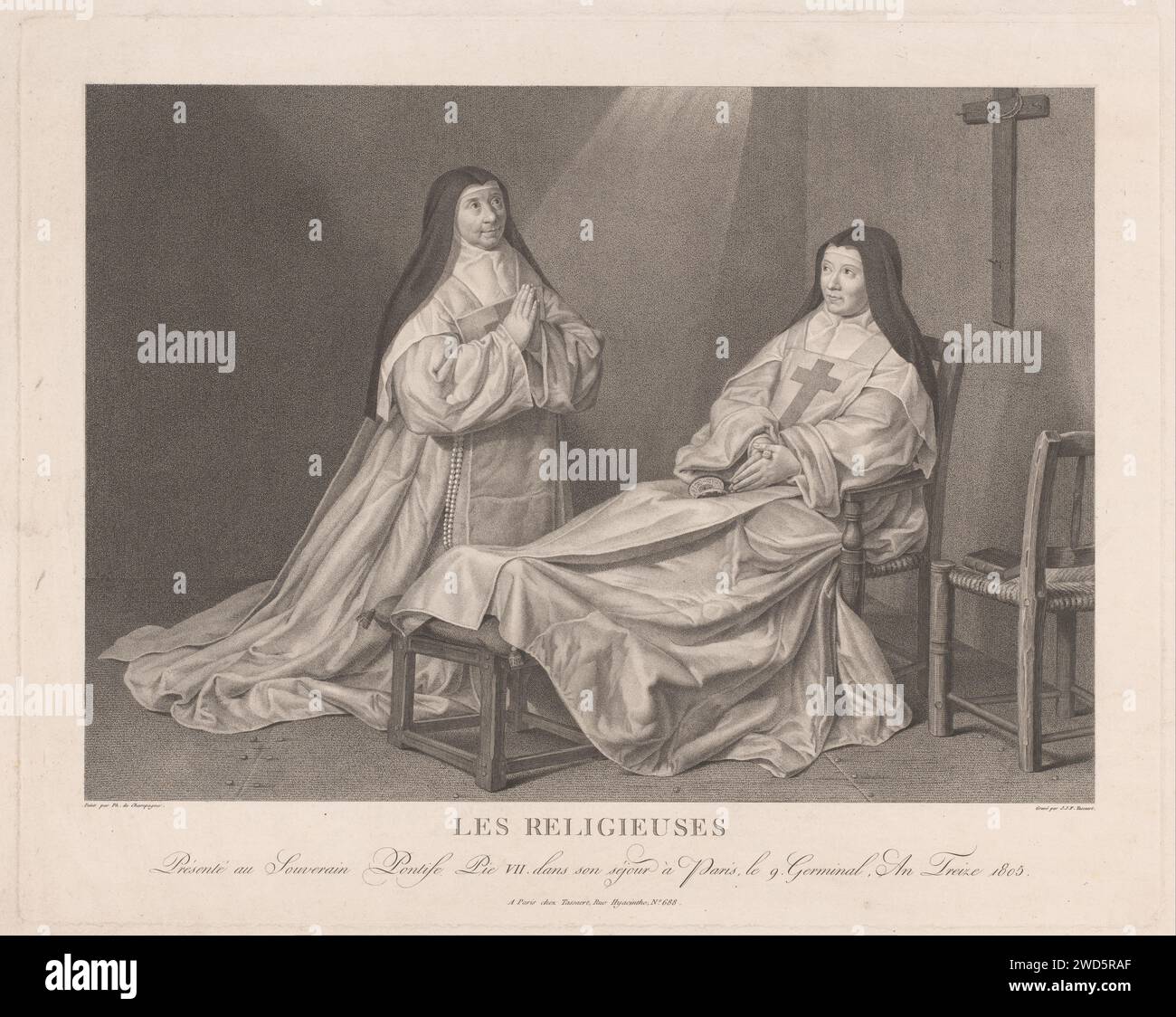 De Gennezing van Catherine de Sainte Suzanne, Jean Joseph Francois Tassaert, dopo Philippe de Champaigne, in o prima del 1805 stampa presentazione di due suore: La guarigione di Catherine de Sainte Suzanne attraverso la preghiera di Agnès Arnauld. Monache per incisione/incisione su carta di Parigi. persone storiche Foto Stock
