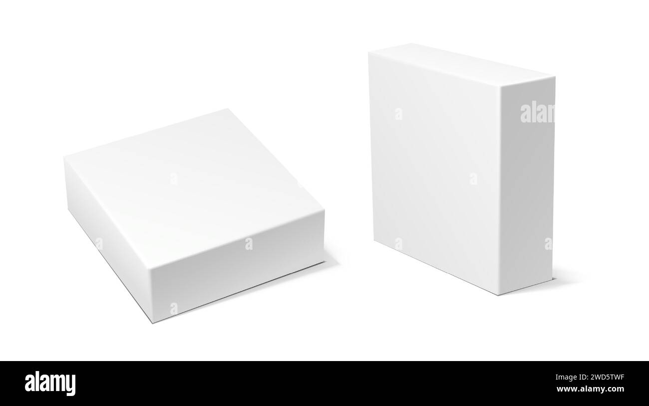 set di illustrazioni realistiche delle icone vettoriali. Scatola di cartone quadrata bianca. Isolato su bianco. Illustrazione Vettoriale