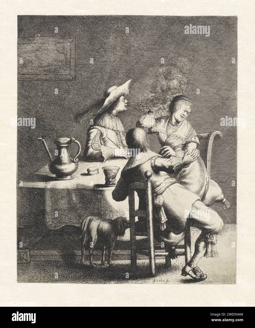 Il fumatore soffia fumo per una donna, Jan Gillisz. Van Vliet, 1634 stampe in un interno ci sono due uomini e una donna intorno a un tavolo. Uno degli uomini soffia il fumo da un tubo in direzione della donna che le tiene la mano in alto. In primo piano un cane. Un peltro è possibile sul tavolo, un roemer e una scatola di tabacco. Incisione/incisione di carta Leiden odore, odore (uno dei cinque sensi). pipa  tabacco. contenitore di metallo: secchio, lattina, tanica, tamburo, stagno. vetro, rummer. cane. tabella Foto Stock