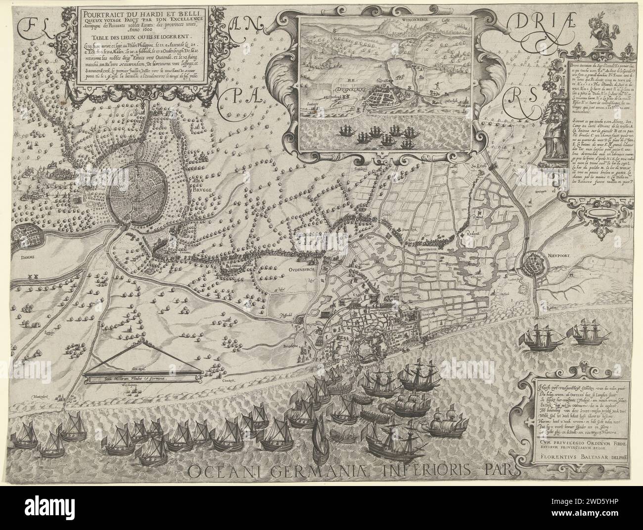 Tour dell'esercito da Maurits a Ostenda (rivista di destra), 1600, 1600 - 1601 stampa Tour of the State Army sotto il principe Maurizio a Ostenda, 19-27 giugno 1600. Metà destra di due riviste. La flotta statale per Ostenda. Al piano superiore l'esercito statale passa attraverso le Fiandre, intorno a Bruges e Ostenda in direzione di Nieuwpoort. In cima ai cartigli con il titolo, un volto su Dunkerque e iscrizioni e leggenda in francese. In fondo a un verso in olandese e il privilegio. Mappe di incisione/incisione su carta Delft di paesi o regioni diversi. Movimenti di truppe, trasporto Ostenda. Dunkirk. Bruges. Nieu Foto Stock