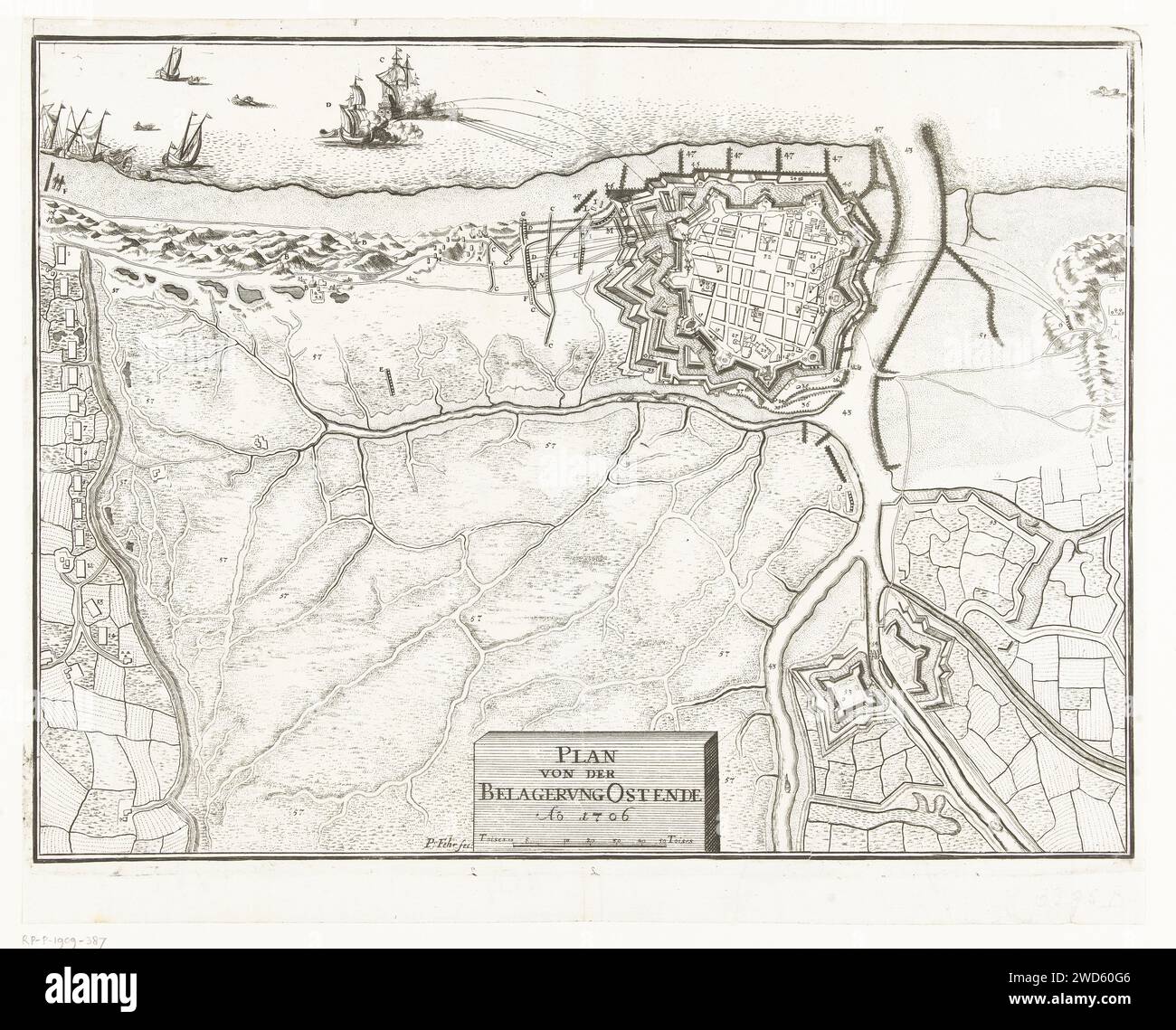 Assedio di Ostenda, 1706, Peter Fehr, 1706 stampa Mappa dell'assedio di Ostenda da parte degli Alleati tra il Signore di Ouwerkerk, la città fu conquistata il 6 luglio 1706. Dettagli delle prestazioni contrassegnati da numeri e lettere, ma manca una legenda. Germania carta incisione mappe delle città. Assedio, posizione guerra Ostenda Foto Stock