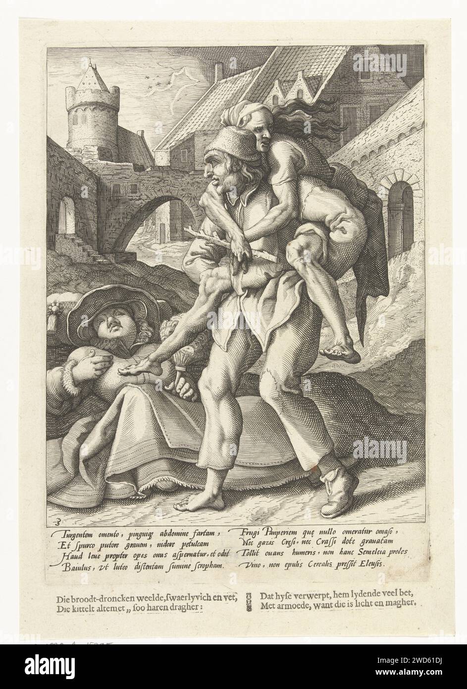 Indossi la povertà più facilmente della ricchezza, Hendrick Goltzius (attribuito a bottega o), dopo Karel van Mander (i), 1590 - 1594 stampa Un uomo indossa una donna anziana sulla schiena. La donna è vestita male e male. A terra c'è una signora grassa e ben vestita con un fan in mano. Una porta della città sullo sfondo. Sotto lo spettacolo un verso esplicativo in latino di Franco Estius e un verso olandese. Contrasto tra stampa ricca e scarsa con incisione su carta Haarlem / stampa letterpress. portare una persona sulla schiena. vecchia donna Foto Stock