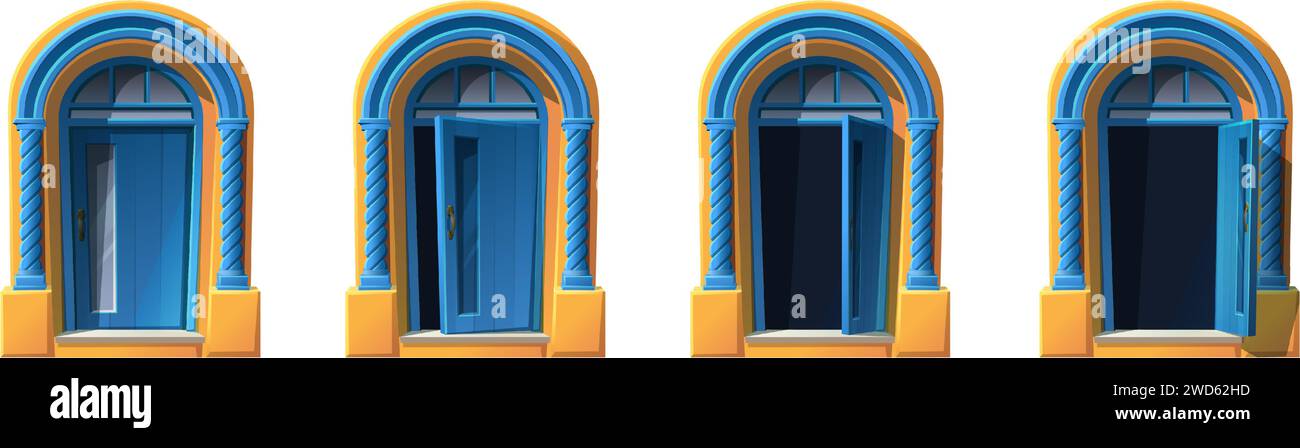 Porta in legno blu della vecchia casa. Illustrazioni delle icone in stile cartoni animati vettoriali. Animazione Sprite per il gioco. Illustrazione Vettoriale