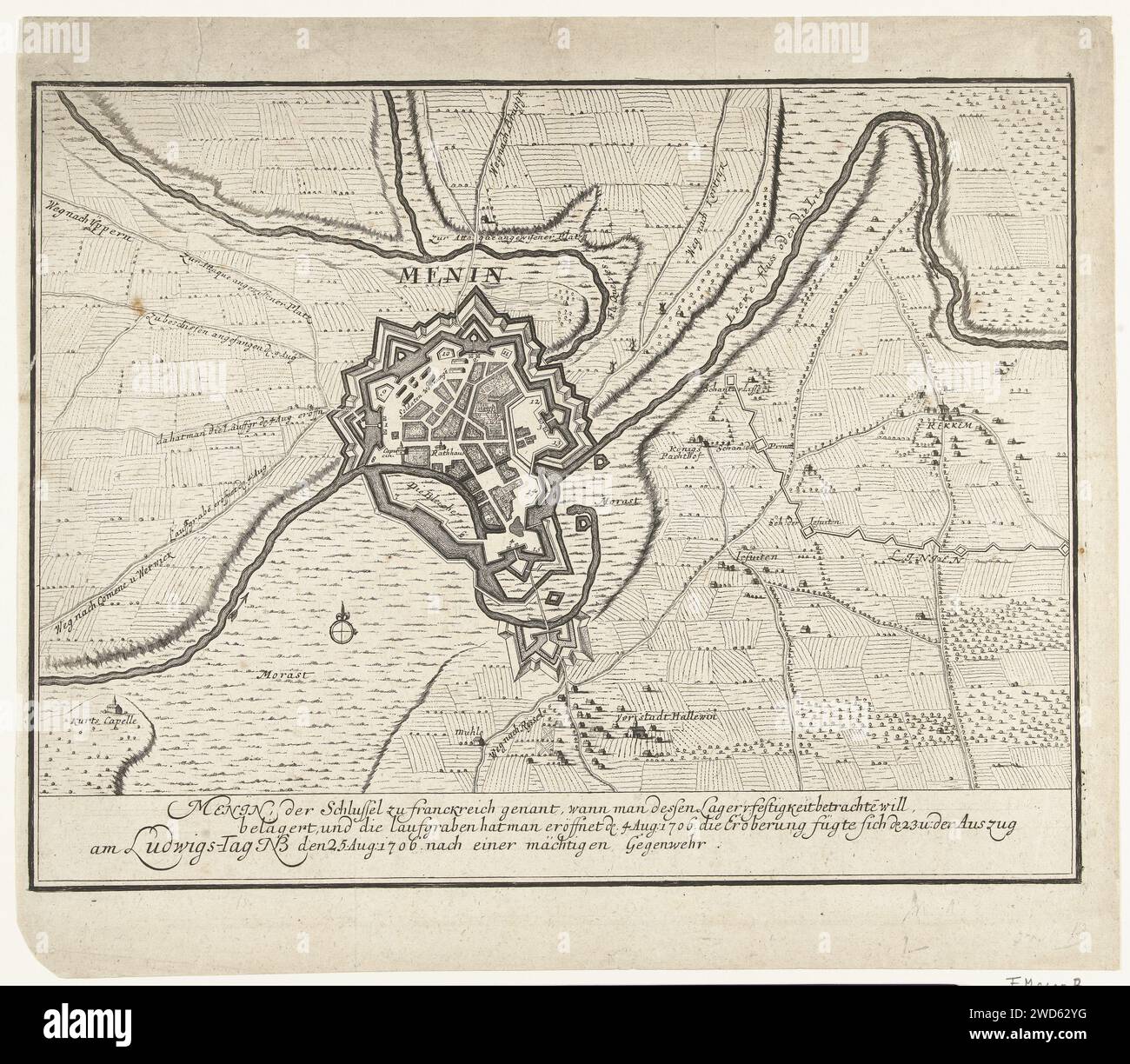 Mappa di Menen, 1706, Anonimo, 1706 Stampa Mappa di Menen, assediata e presa dagli Alleati presso il generale E.W. von Salisch il 22 agosto 1706. Germania carta incisione mappe delle città. Assedio, posizione guerra io andrò Foto Stock