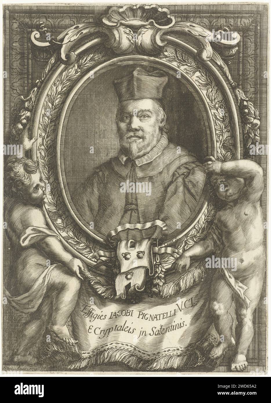 Portret Van Jacob Pignatelli, Johannes Collin, dopo Francesco Andreoni, c. 1675 - c. 1700 stampa Ritratto dell'avvocato Jacob Pignatelli a Ovaal in una lista ornamentale tenuta da due putti. In fondo alla lista un banderole con lo stemma di famiglia di Pignatelli. Pagina di un libro con testo sul verso. incisione/incisione su carta Foto Stock