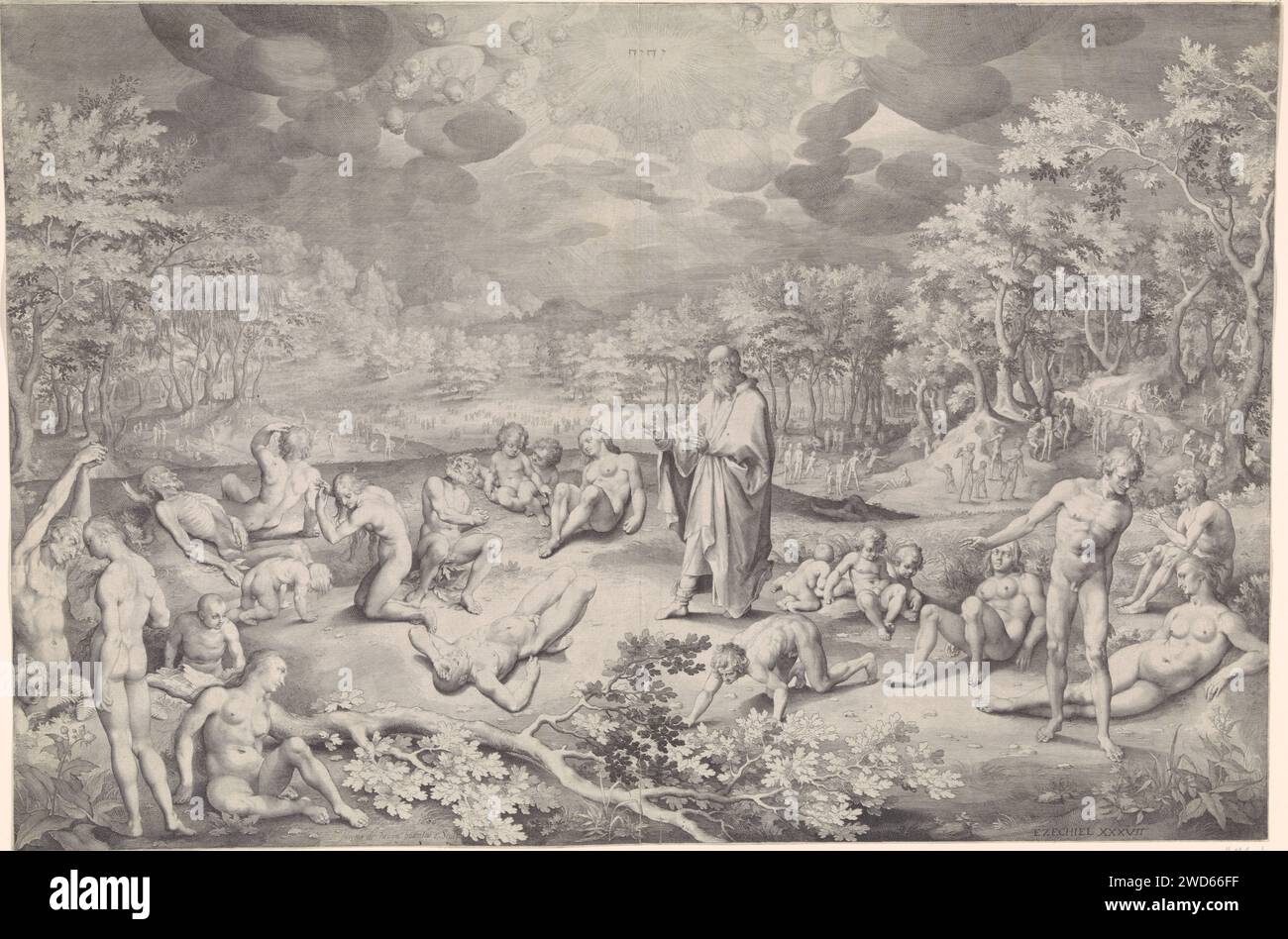 Visioen van Ezekiel sulla valle delle ossa, Nicolaes de Bruyn, 1606 stampa Ezekiel prophesies in una valle di ossa (Ez. 37). Inizia a parlare e intorno a lui le ossa tornano in vita. La carne e la pelle ci ricrescono. In cima all'aria il tetragramma e il coro degli angeli. Carta di Anversa che incide la visione di Ezechiele della valle delle ossa secche (Ezechiele 37:1-10). Tetragramma (in alfabeto romano o ebraico)  simbolo di Dio padre (+ angelo(i)) Foto Stock