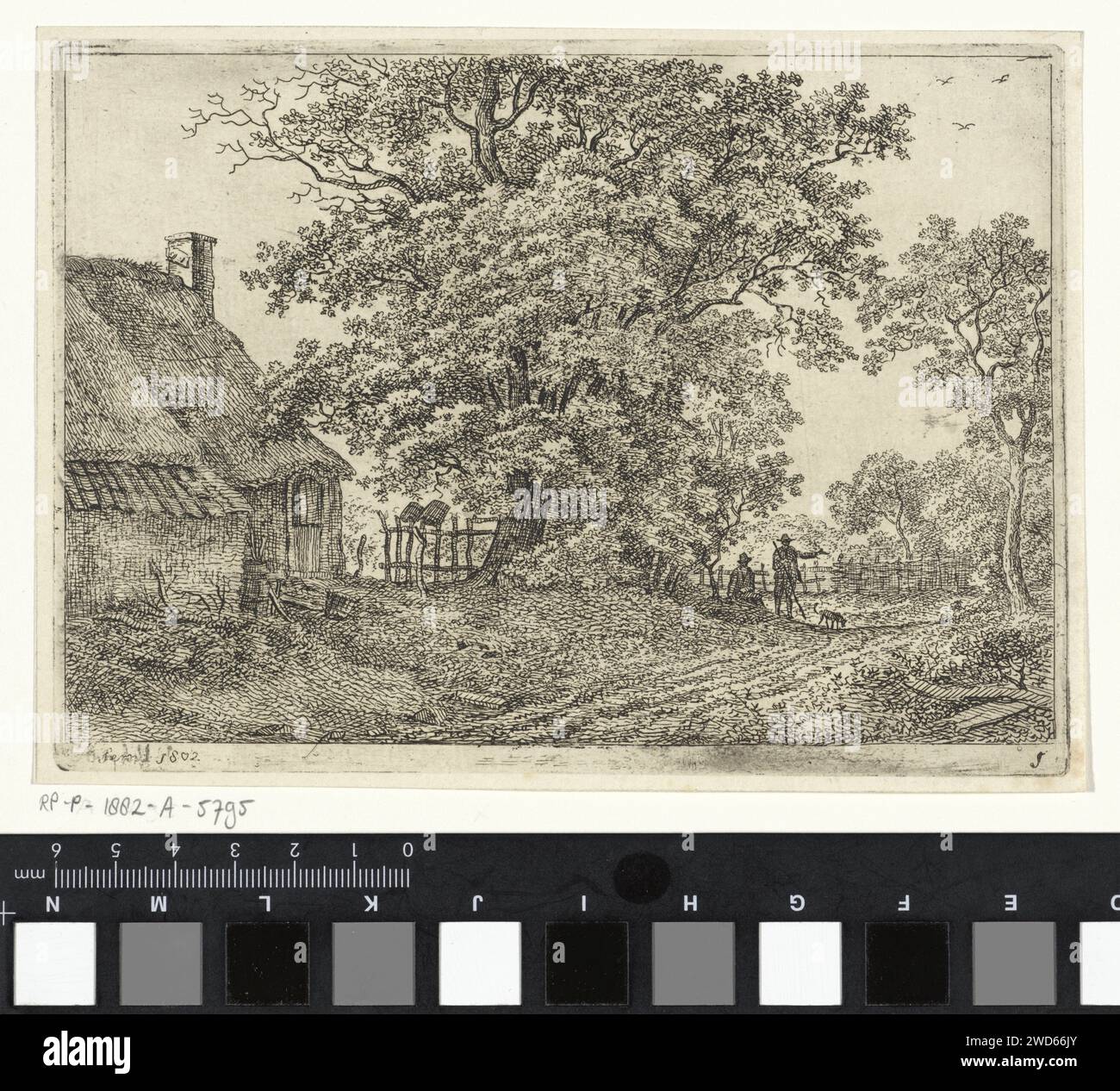Strada in un paesaggio, Adrianus Serné, 1802 stampa Una strada lungo Una fattoria e un albero. Due figure e un cane sotto l'albero. Numerato in basso a destra: 1. Cane per incisione/incisione di carta Haarlem Foto Stock