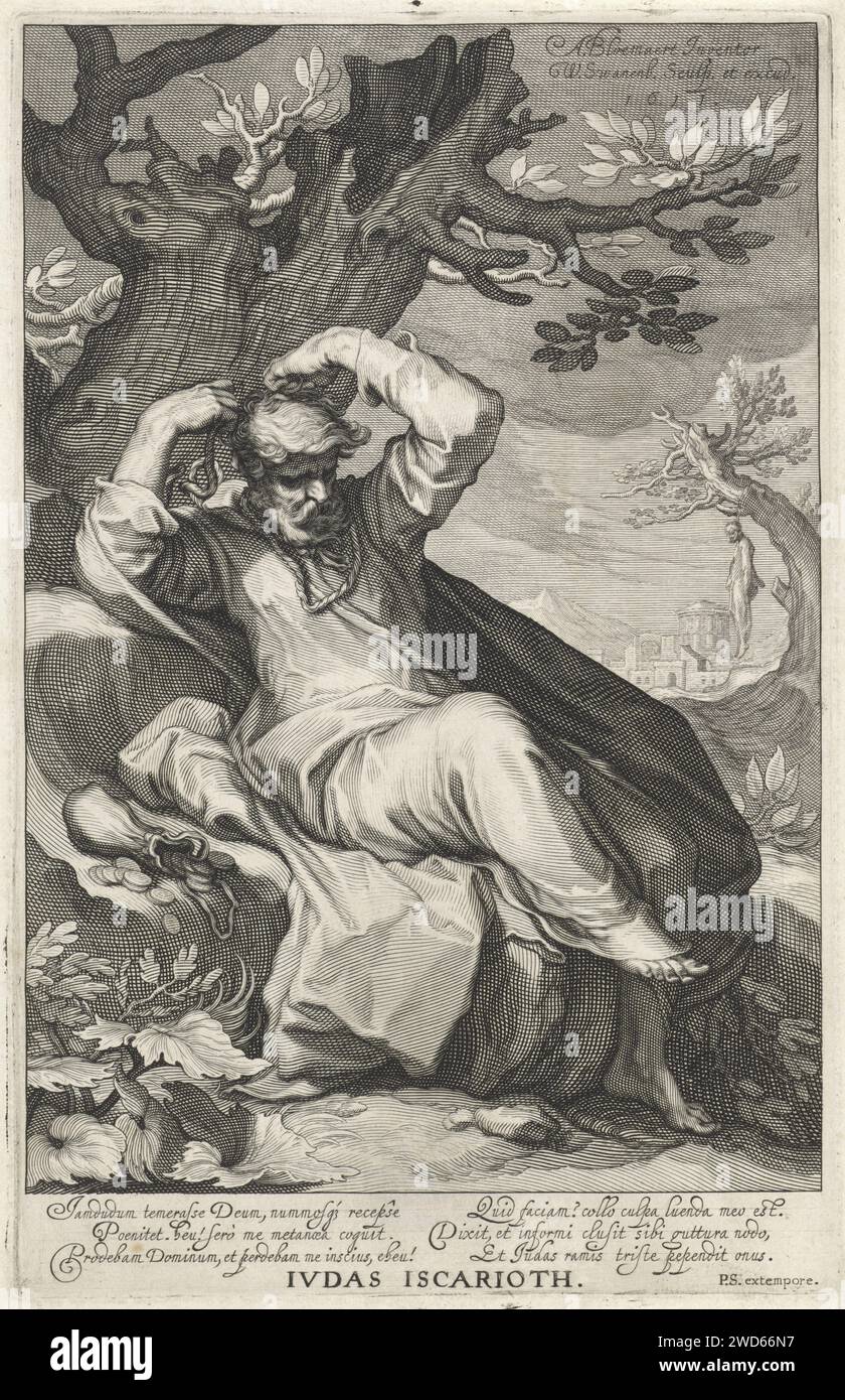 Judas Iskariot riaggancia, Willem Isaacsz. Van Swanenburg, dopo Abraham Bloemaert, stampa del 1611 Judas Iskariot è seduto sotto un albero e gli lega una corda intorno al collo. C'è un sacchetto di soldi accanto a lui. A destra in lontananza pende su un albero. Sotto la performance c'è un testo latino a sei righe con una descrizione della scena. Stampatore: Leidenafter design by: Utrecht (forse) incisione di carta Judas appeso se stesso Foto Stock