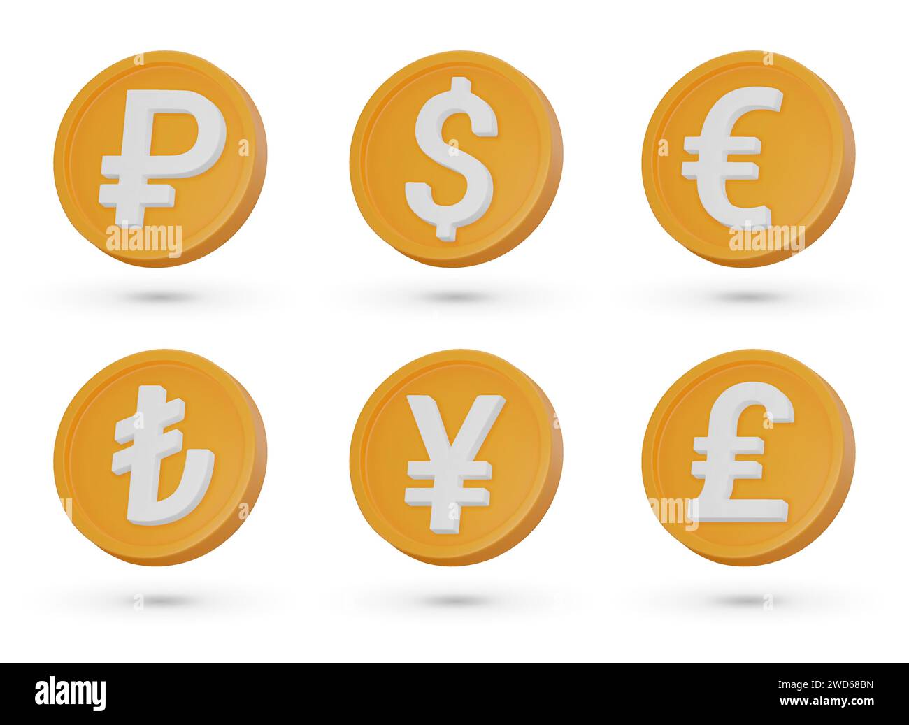 Impostare con diverse monete vettoriali 3D. Rublo russo, Yen, Dollaro, Euro, Sterlina, lira turca. Simboli di valuta, icone 3D. Illustrazione Vettoriale