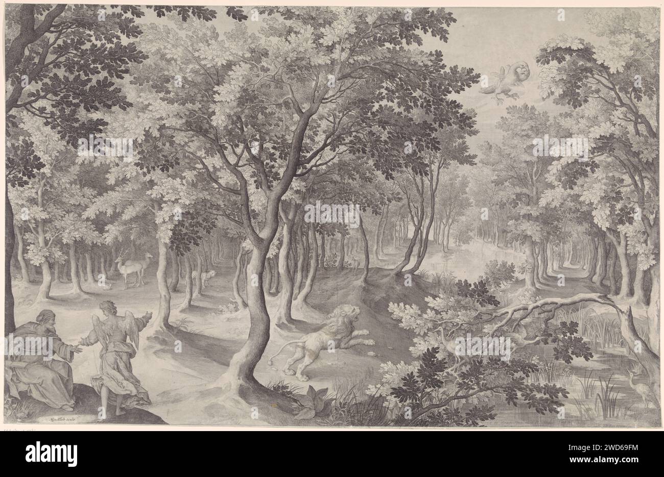 Quinta visione di Ezra, Nicolaes de Bruyn, 1630 - 1684 stampa la quinta visione di Ezra. In un branco, un leone ruggisce in cielo, dove un'aquila ardente con tre teste si divora. A sinistra in primo piano, un angelo spiega la visione al profeta Esdra (2 Esdra). Tipografia: Antwerppublisher: Amsterdam paper incide la visione di Ezra dell'aquila e del leone (2 Esdras 11-12) (+ angelo(i)) Foto Stock