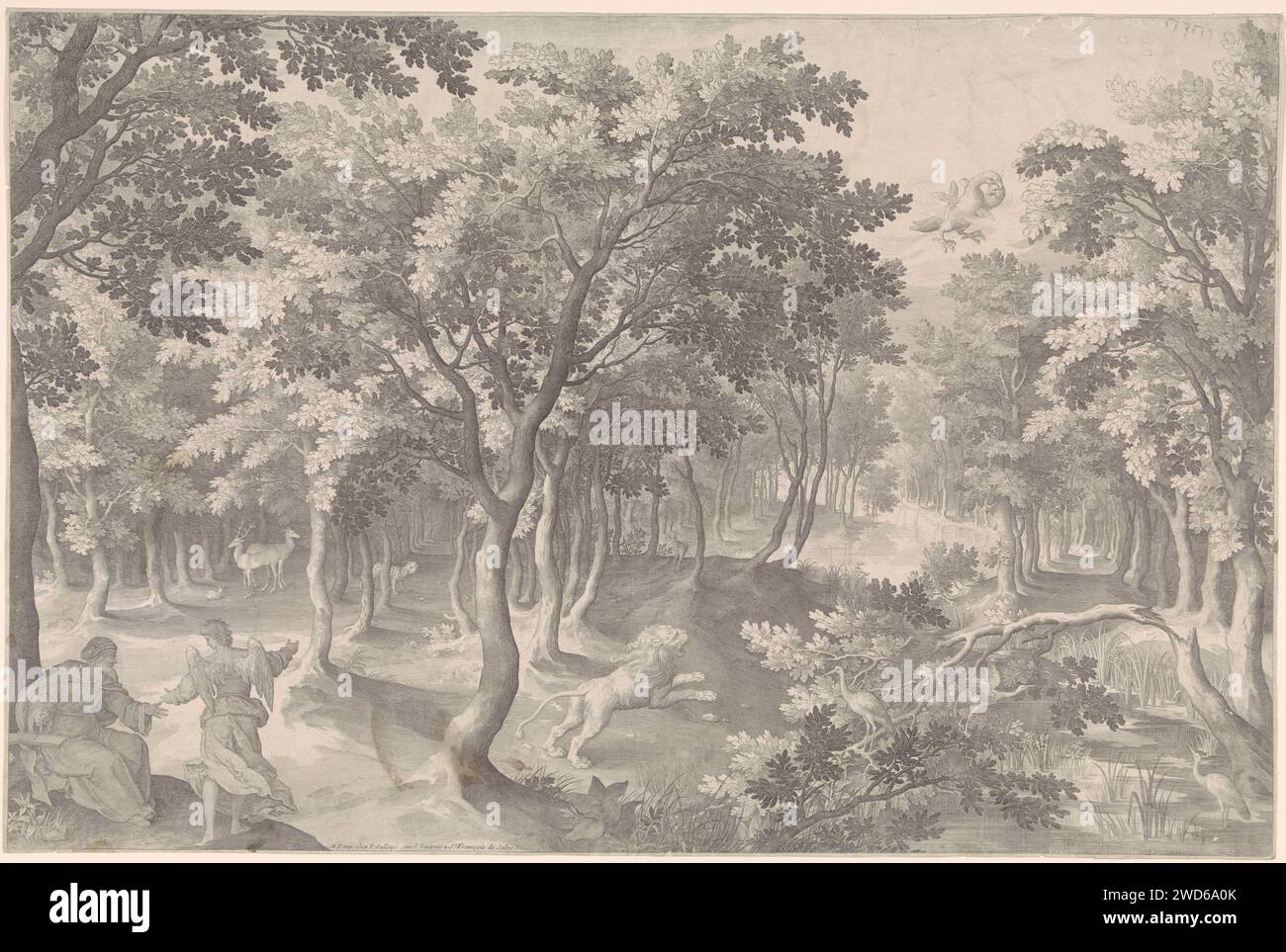 Quinta visione di Ezra, Nicolaes de Bruyn, 1687 - 1749 stampa la quinta visione di Ezra. In un branco, un leone ruggisce in cielo, dove un'aquila ardente con tre teste si divora. A sinistra in primo piano, un angelo spiega la visione al profeta Esdra (2 Esdra). Nell'angolo in alto a destra il tetragramma come simbolo di Dio padre. Tipografia: Antwerppublisher: Paris paper Engraving Ezra and the Archangel Uriel (2 Esdras 4:1). Visione di Ezra dell'aquila e del leone (2 Esdra 11-12) (+ angelo(i)). La visione di Ezra dell'aquila e del leone (2 Esdra 11-12) (+ Dio padre in forma di luce Foto Stock