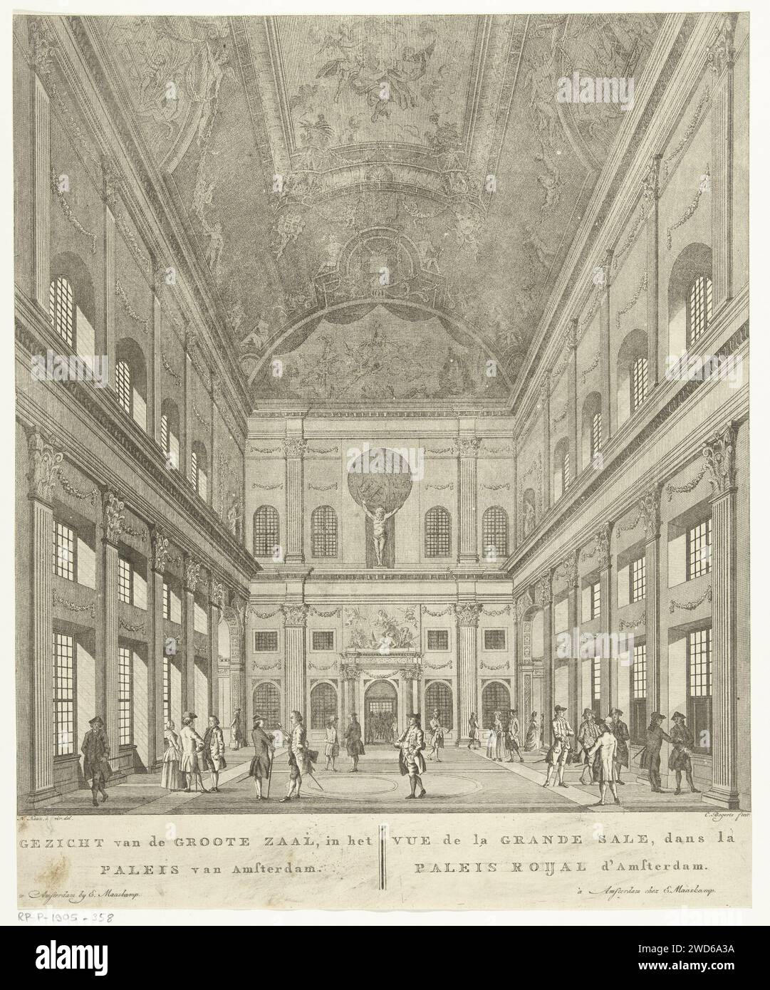 Lato ovest del Burgerzaal nel Palazzo reale in Piazza Dam, Cornelis Bogerts, dopo Hendrik Keun, 1808 - 1834 stampare il lato ovest del Burgerzaal nel Palazzo in Piazza Dam ad Amsterdam. Sullo sfondo, al centro, l'ingresso dell'ex Schepenzaal. Nel mezzo della Giustitia (giustizia), sotto i suoi piedi Re Mida come personificazione dell'avidità e dell'invidia, la personificazione dell'invidia e dell'invidia. A sinistra della morte di Justitia, a destra la personificazione della punizione. Inoltre, l'immagine di Atlas. Personaggi diversi camminano e parlano nella stanza. Sotto il titolo in olandese (a sinistra) e. Foto Stock