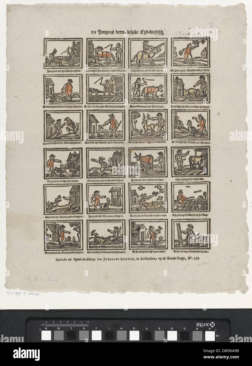 De Jongens Amonered Time Rebate, Johannes Bouwer, 1805 - 1808 Foglia stampata con 24 spettacoli di varie attività con animali, tra cui polli da mangiare, guidare su un elefante e ascoltare un usignolo cantante. Un verso sotto ogni immagine. Numerato in alto a destra: 8. Editore: Amsterdamprint Maker: Olanda carta tipografica animali da stampa. uccelli. bambino che gioca con gli animali. animali trunked: elefante Foto Stock