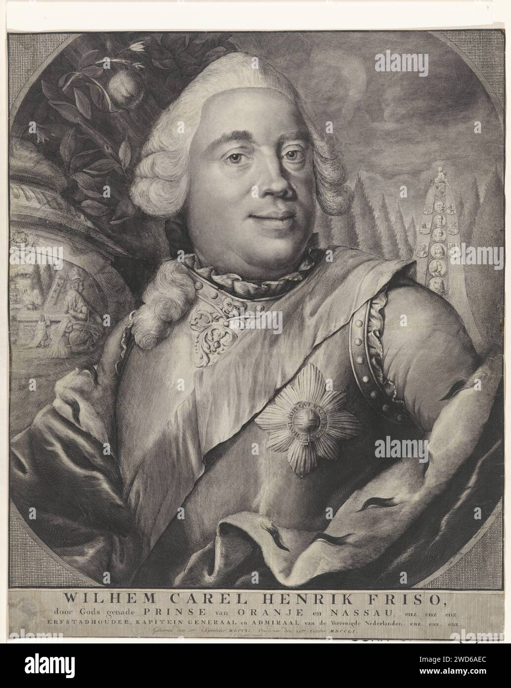 Ritratto di Guglielmo IV, Principe di Oranje-Nassau, Christian Friedrich Fritzsch, 1751 - 1774 stampa Ritratto di Guglielmo IV, Principe di Oranje-Nassau. A destra sullo sfondo una colonna con gli stemmi e i ritratti dei suoi antenati, con un putto in cima. A sinistra un'immagine di una donna in lutto e di due bambini in un monumento funerario con una pentola fumante, come allocazione alla sua morte. Incisione/incisione su carta Amsterdam Foto Stock