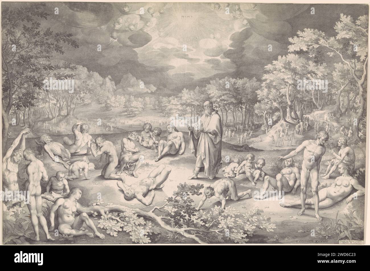 Visioen van Ezekiel sopra la valle delle ossa, Nicolaes de Bruyn, 1642 - 1665 stampa Ezekiel prophesies in una valle di ossa (Ez. 37). Inizia a parlare e intorno a lui le ossa tornano in vita. La carne e la pelle ci ricrescono. In cima all'aria il tetragramma e il coro degli angeli. Tipografia: Antwerppublisher: Amsterdam cartaceo incisione la visione di Ezekiel della valle delle ossa secche (Ezekiel 37:1-10). Tetragramma (in alfabeto romano o ebraico)  simbolo di Dio padre (+ angelo(i)) Foto Stock