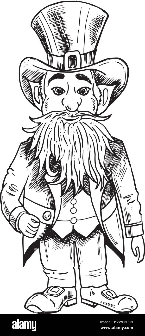 Leprechaun, con barba in cappello da gentiluomo per il giorno di San Patrizio, isolato su bianco. Illustrazione di uno schizzo disegnato a mano. Per design, Web, schede, nero e W. Illustrazione Vettoriale