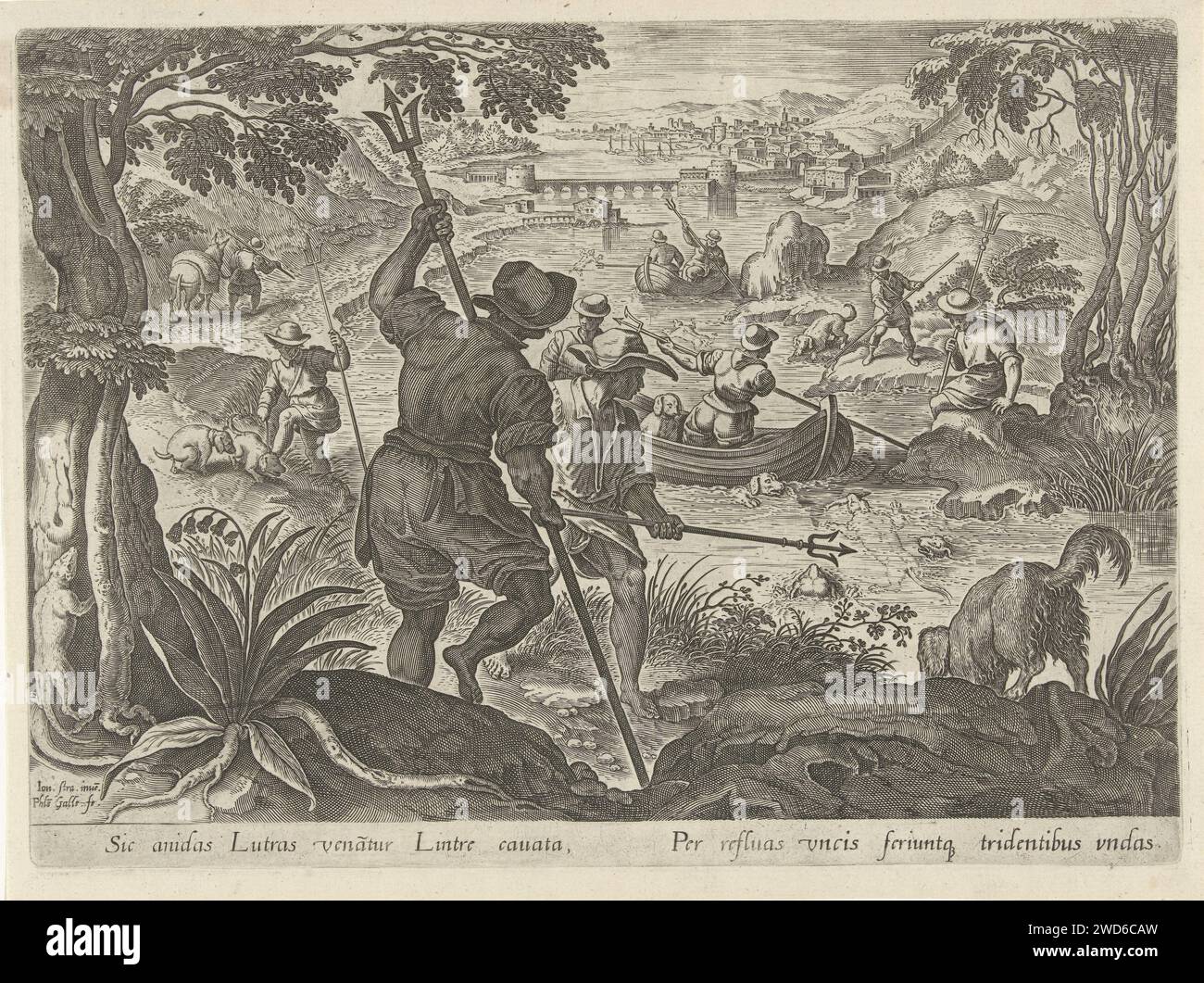 Caccia di lontre, Philips Galle, dopo Jan van der Straet, 1578 esemplari cacciatori cacciano lontre con l'aiuto di cani e tridente. La stampa ha una didascalia latina e fa parte di una serie di 43 parti sulla caccia. Tipografia: Antwerpafter disegno di: Florencepublisher: Anversa incisione su carta bestie di preda, animali predatori: otter. caccia  animali predatori (volpe, leoni) (+ caccia con cani). caccia  animali predatori (volpe, leoni) (+ tridente) Foto Stock