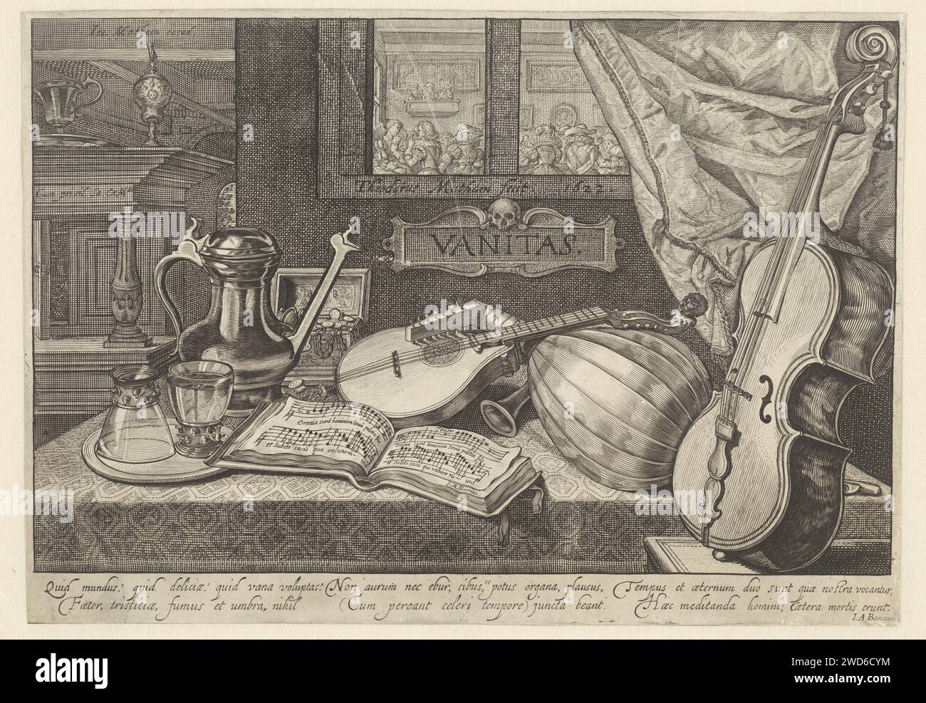 Vanitasstilleven con strumenti musicali, Theodor Matham, 1622 stampa tavolo con strumenti musicali (gamba e Luiten), un libro di musica aperta, una brocca regalo e occhiali. Su un cartiglio con teschio la parola vanitas. La finestra mostra una stanza in cui ballare. Carta Haarlem con incisione "Vanitas" STILL Life. strumenti musicali; gruppo di strumenti musicali. edizione stampata della partitura musicale Foto Stock